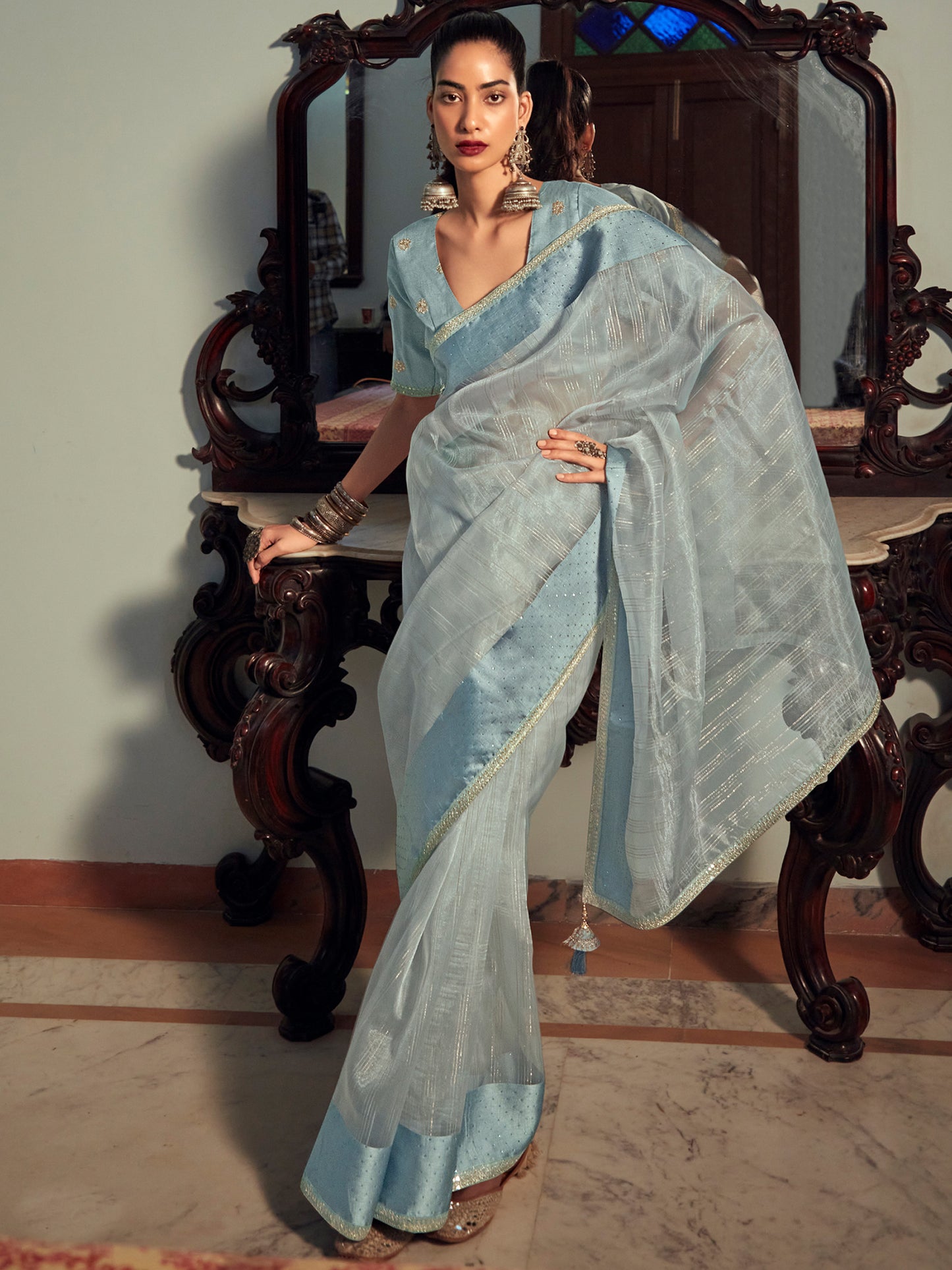 Sky Blue Organza Woven Style Saree