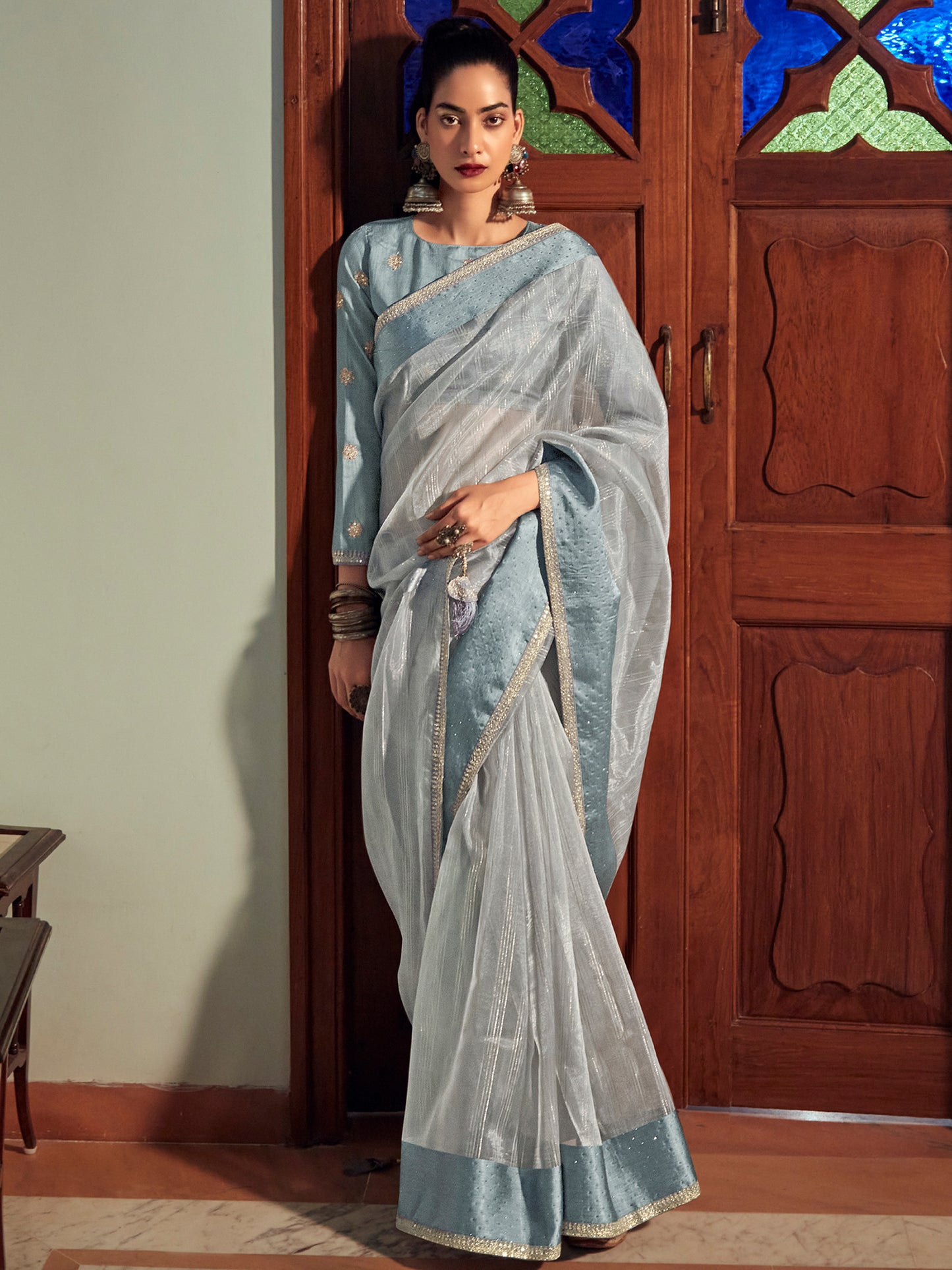 Grey Organza Woven Style Saree