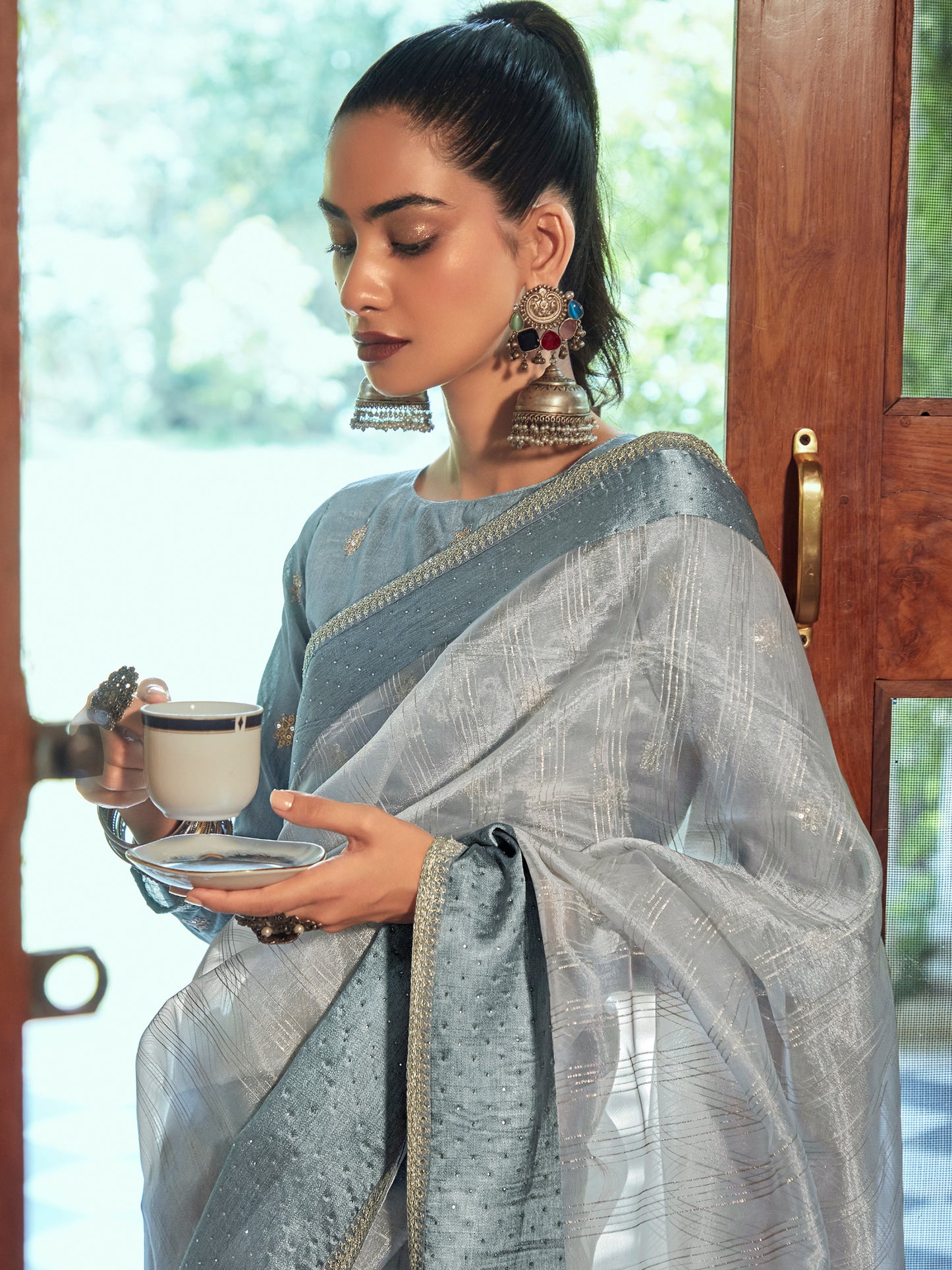 Grey Organza Woven Style Saree