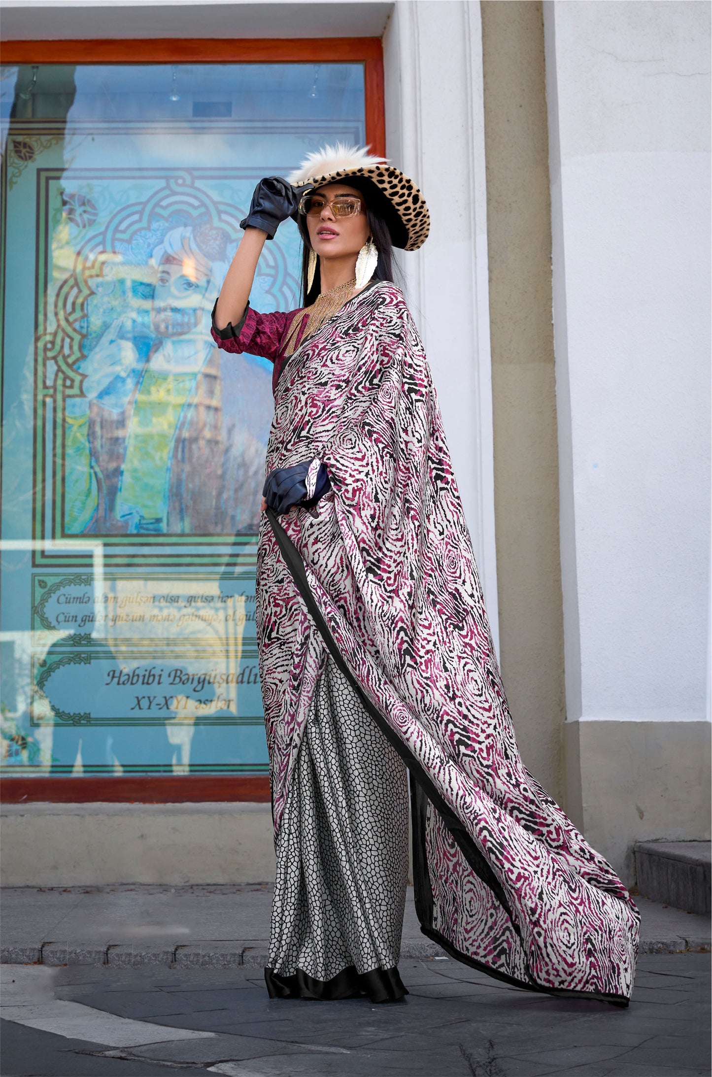 White and Magenta Abstract Kazule Contemporary Satin Crepe Saree