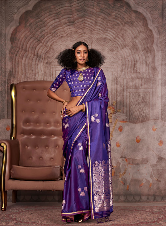 Purple Kanthkala pichwai Pure satin Handloom saree