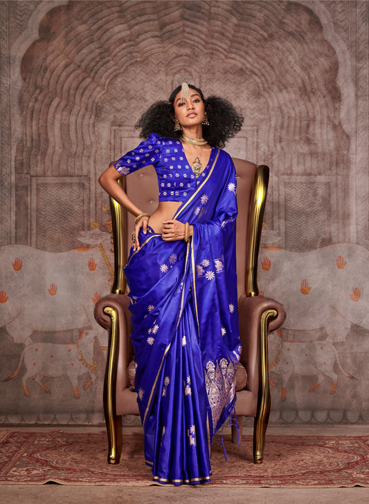 Royal Blue Kanthkala pichwai Pure satin Handloom saree