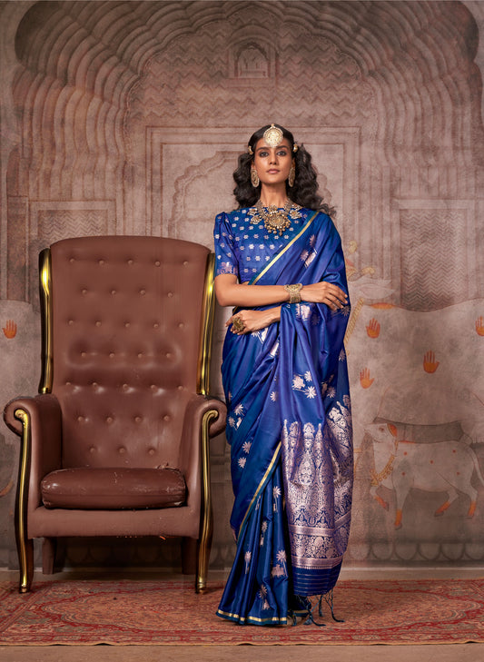 Navy Blue Kanthkala pichwai Pure satin Handloom saree