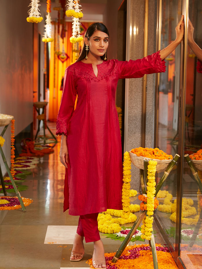 Red Russian Silk Zari Thread Work Straight Kurta Pant Set