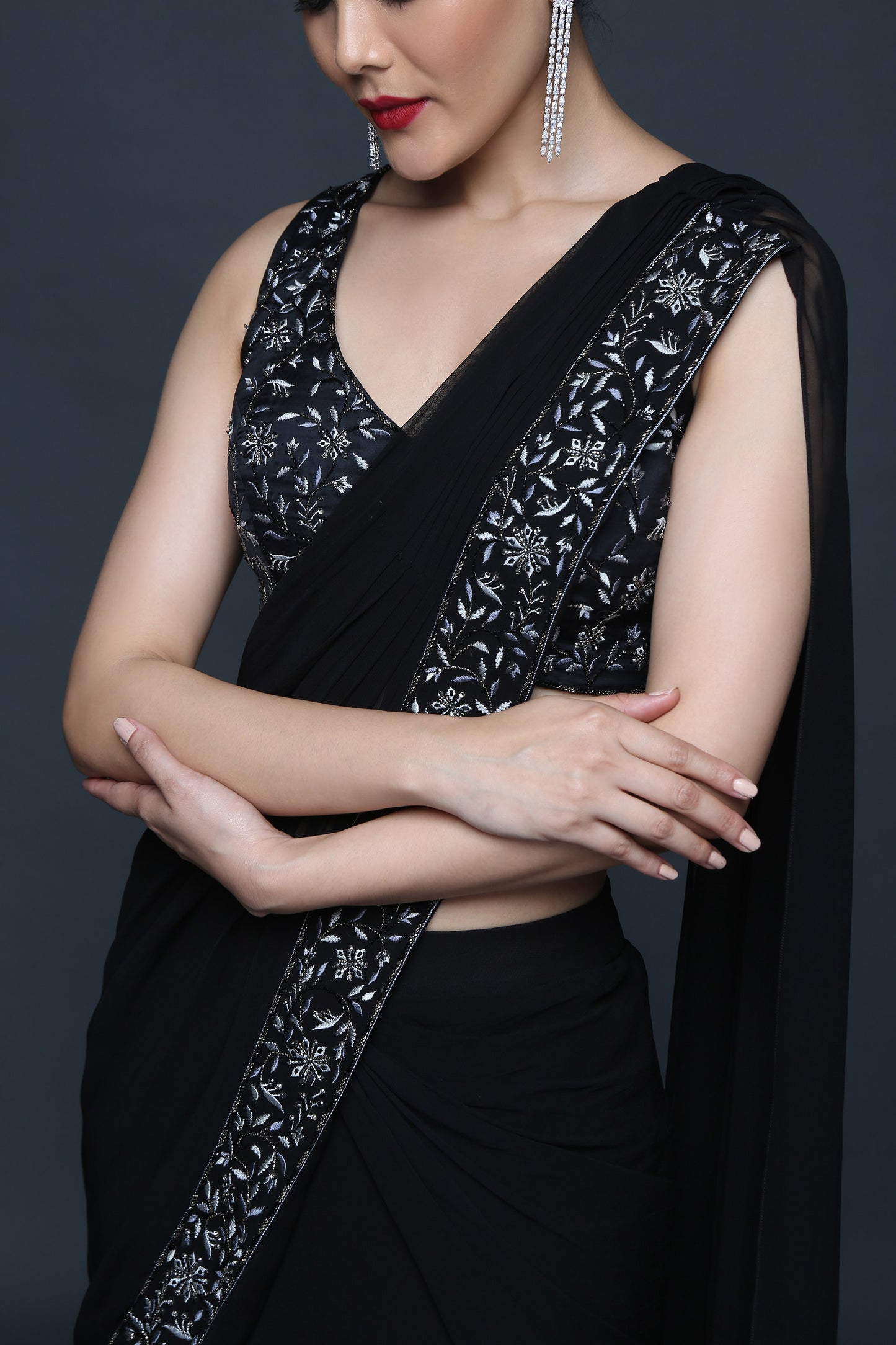 Black Pre Draped Ruffle Saree - Sanjeev Marwaaha