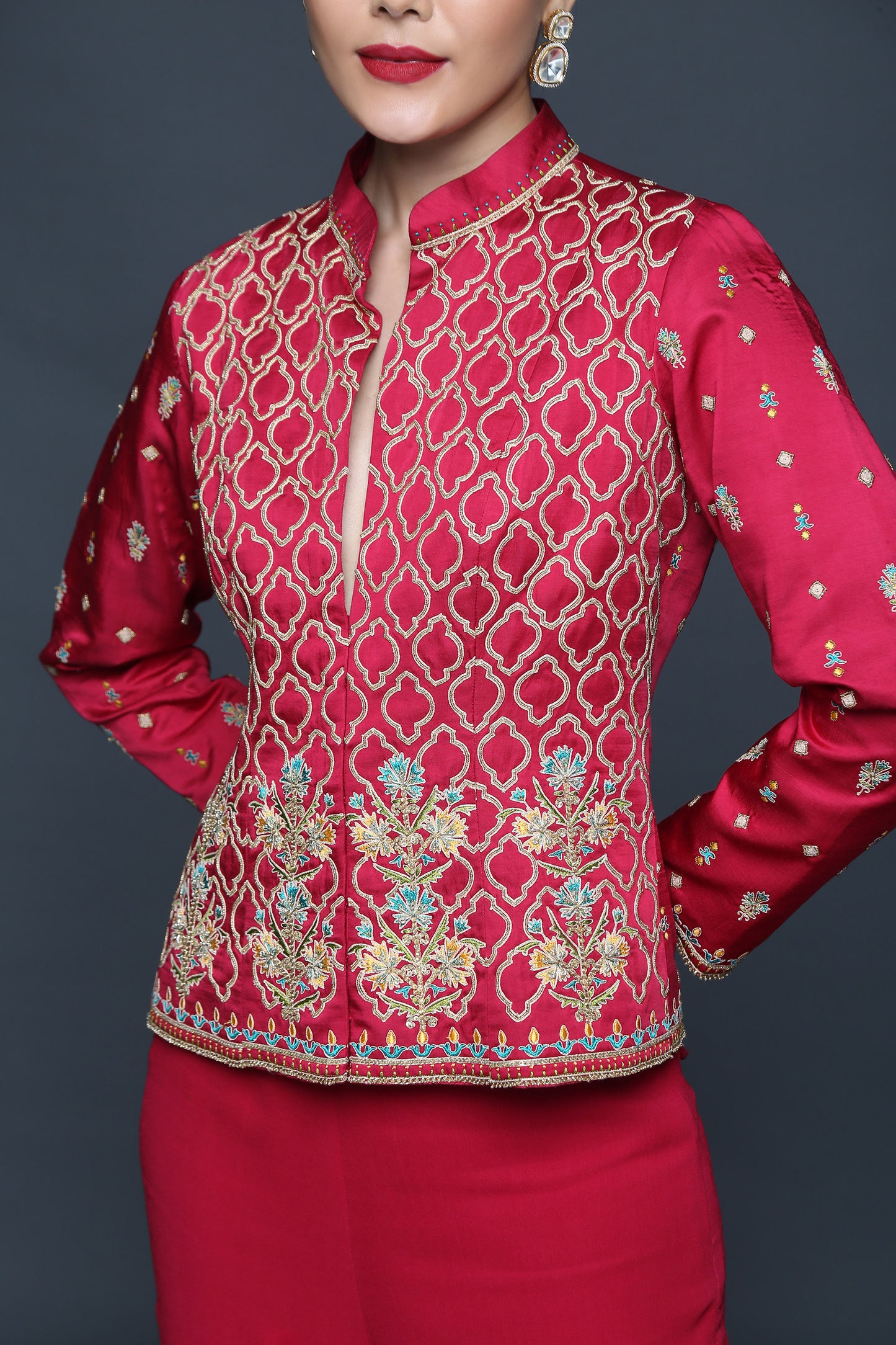 Cherry Red Bundi With Palazzo - Sanjeev Marwaaha