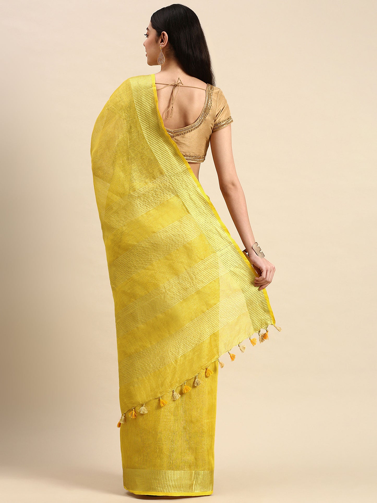 Golden tissue linen powerloom saree