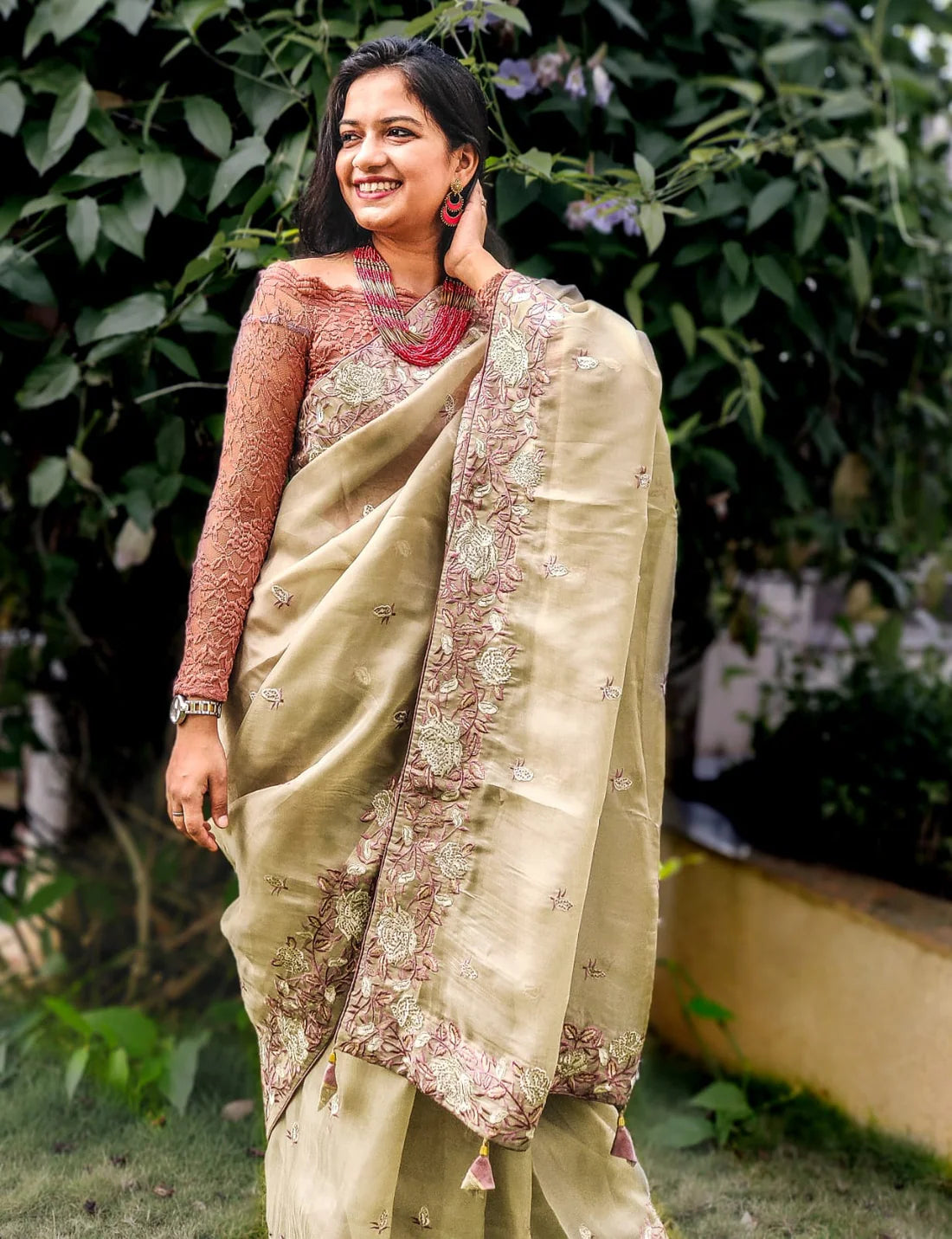 Vogue Olive Green Organza Handloom saree