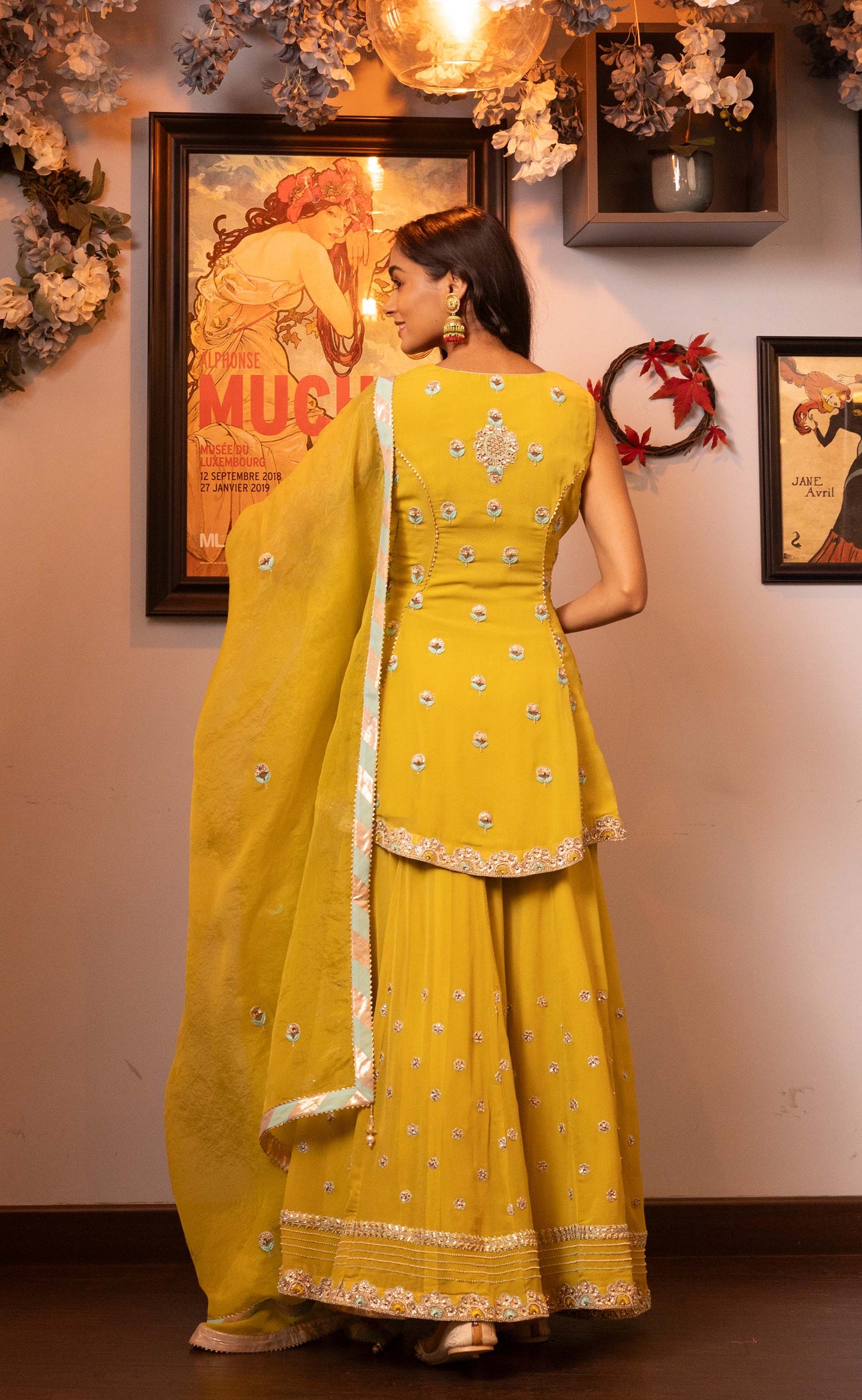 Glitterati Yellow Georgette Gotta Dori Mehendi Sharara