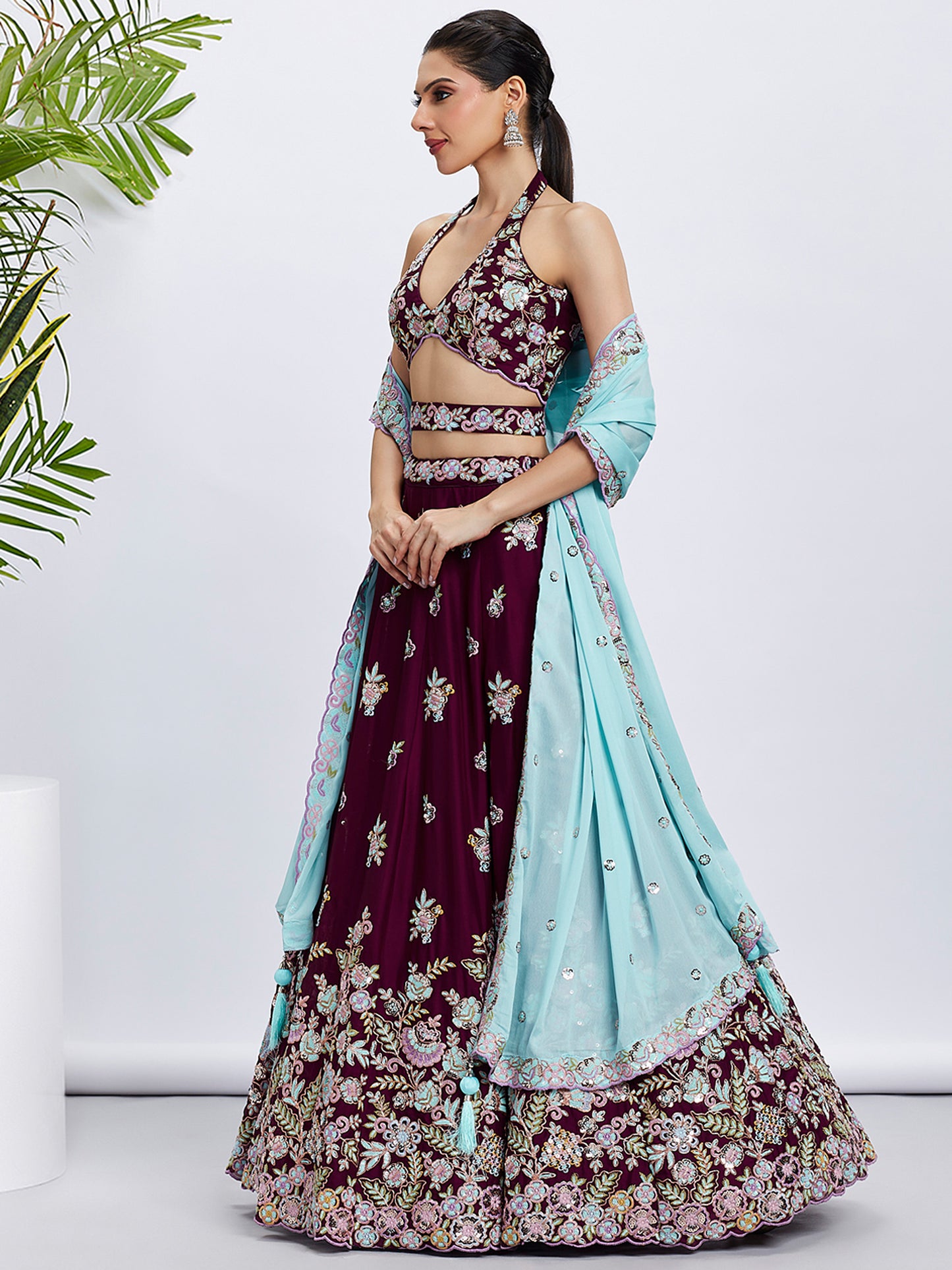 Burgundy Pure Georgette Sequins and thread embroidery Lehenga choli