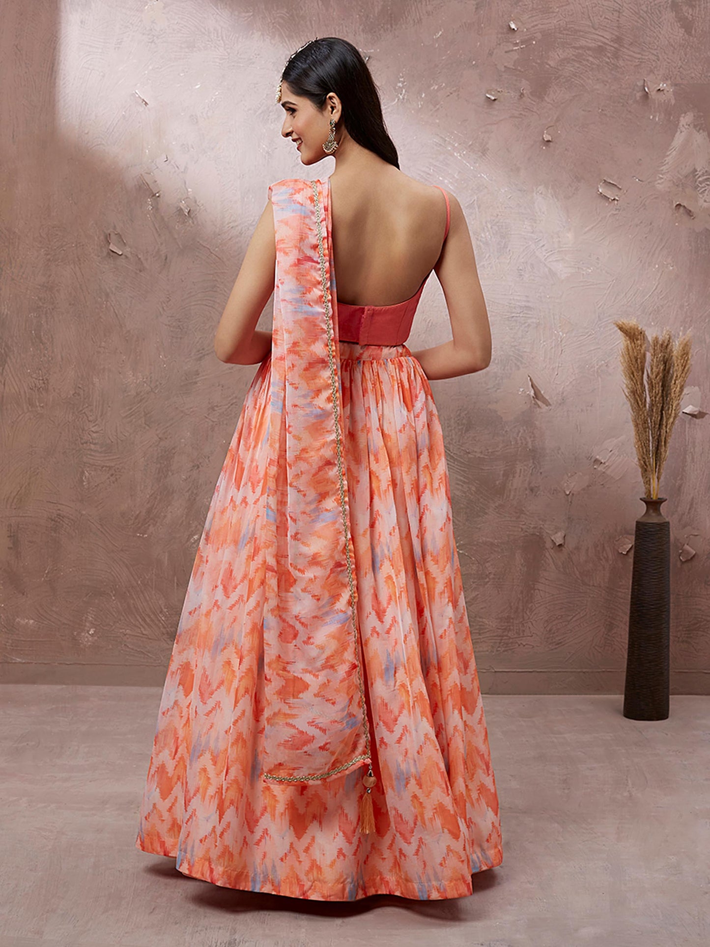 Peach Organza Floral Printed Lehenga choli & Dupatta