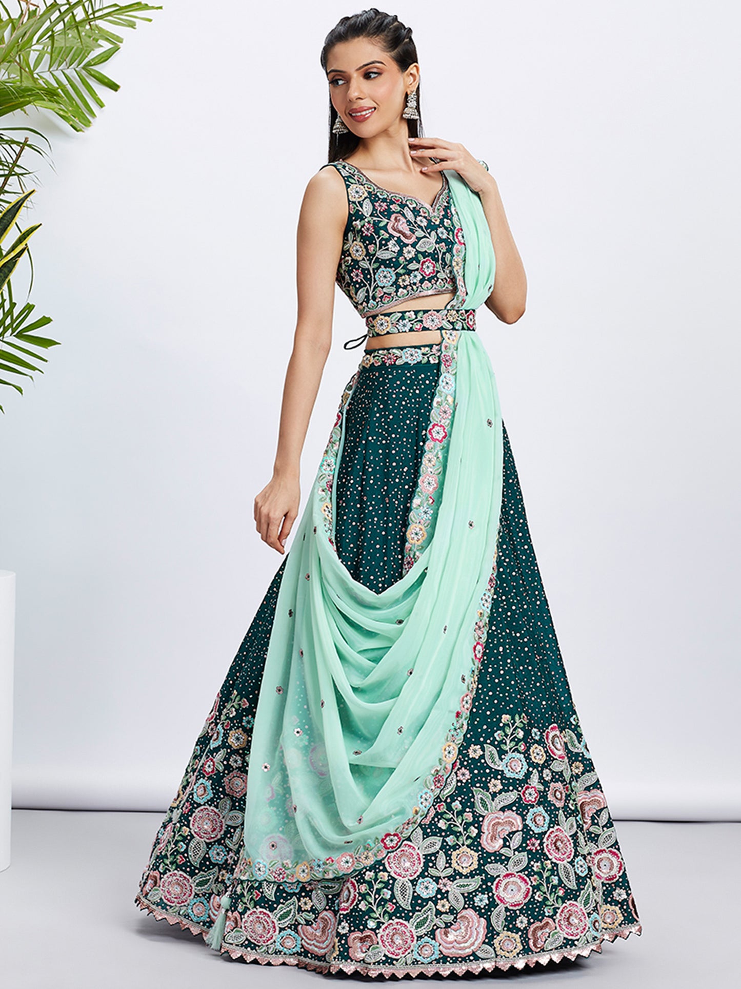 Green Pure Chiffon Sequins and thread embroidery Lehenga choli