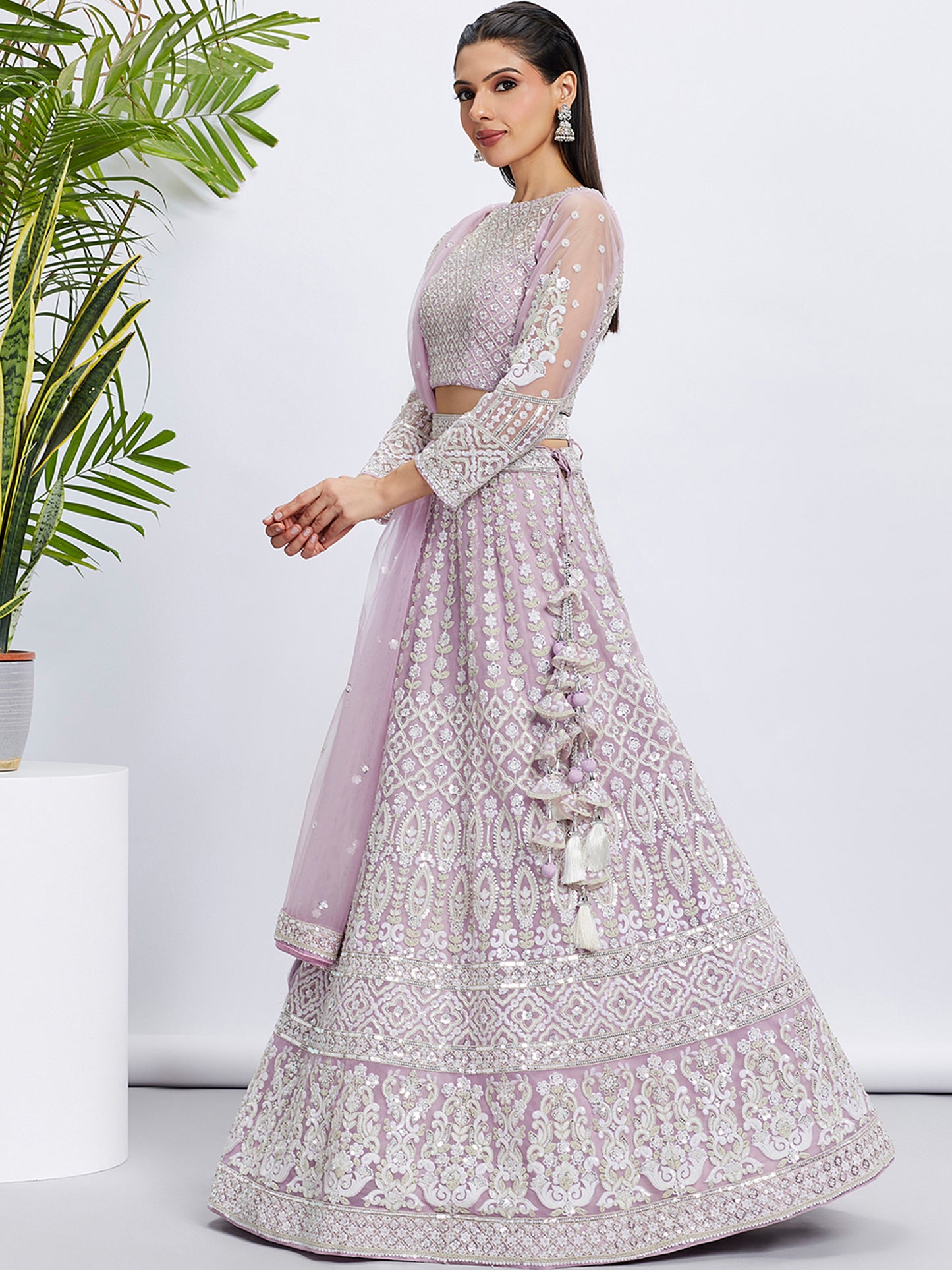 Lavender Net Sequins and thread embroidery Lehenga choli