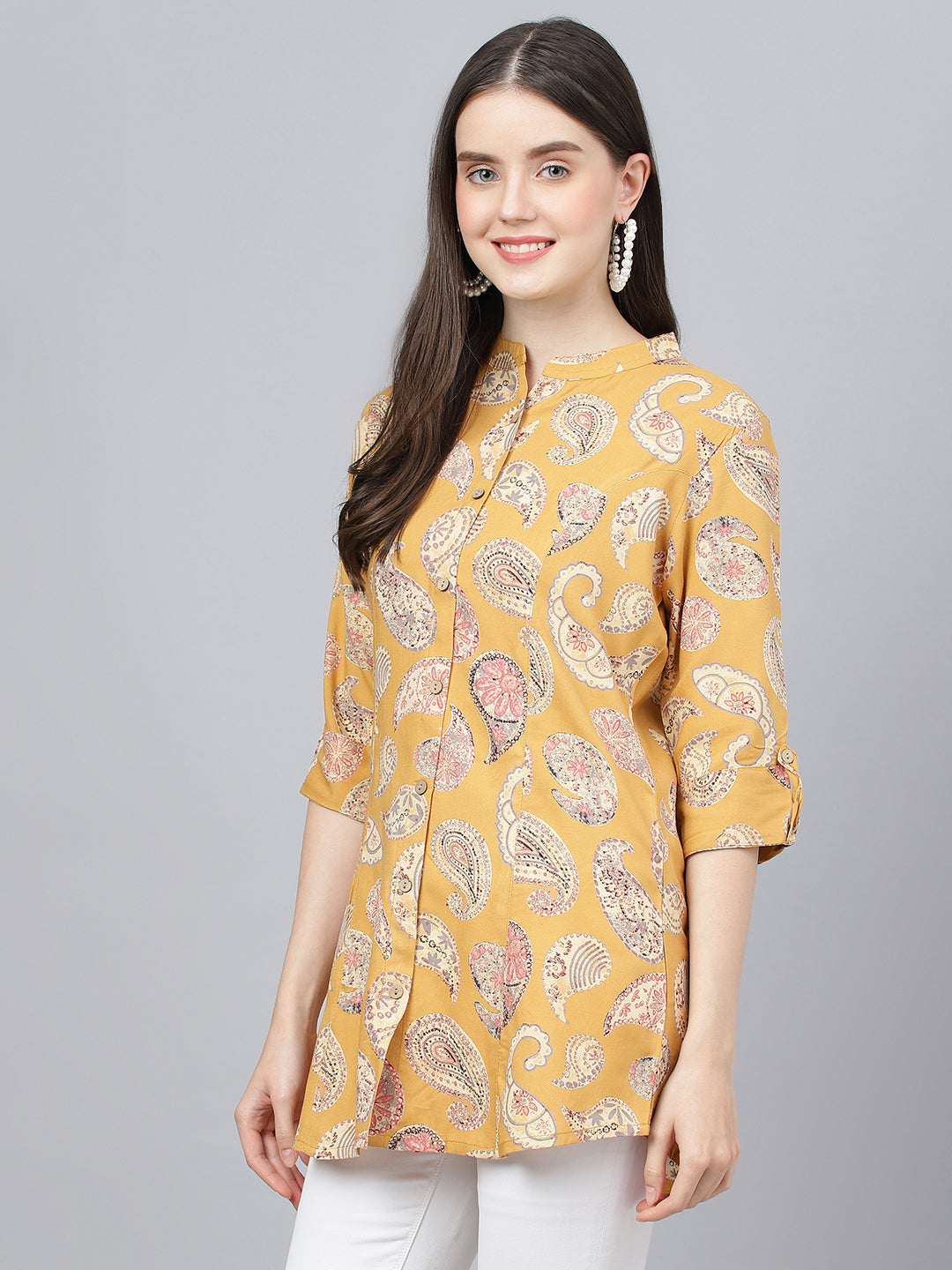 Mastard Yellow Print Mandarin Collar Roll-Up Sleeves Shirt Style Top