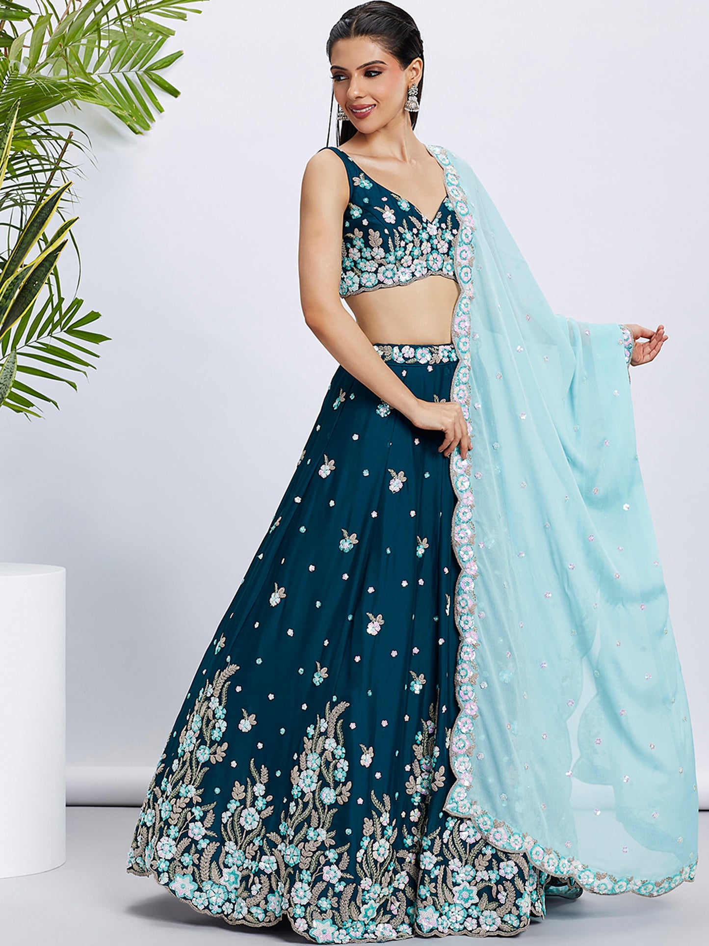 Teal Pure Grorgette Sequins and thread embroidery Lehenga choli