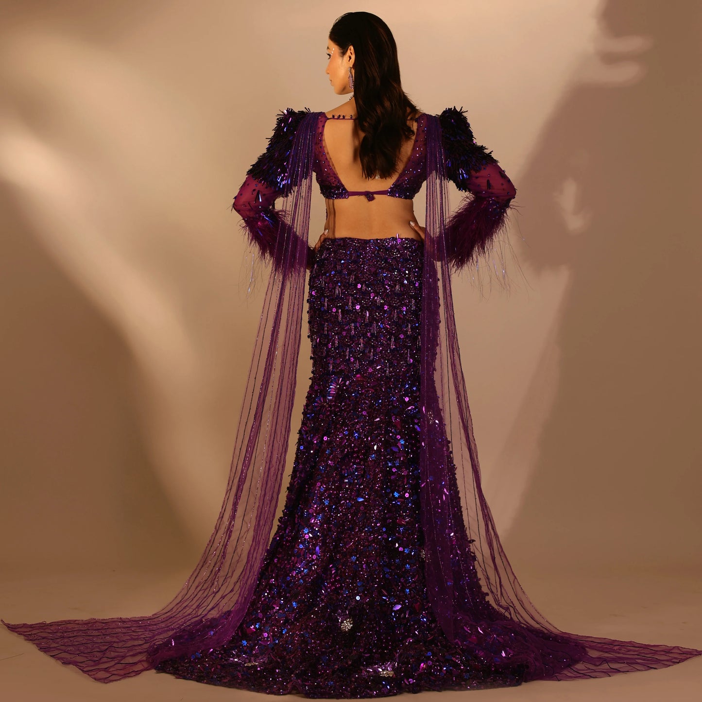 The Purple Net Moonlight Fish cut Lehenga set