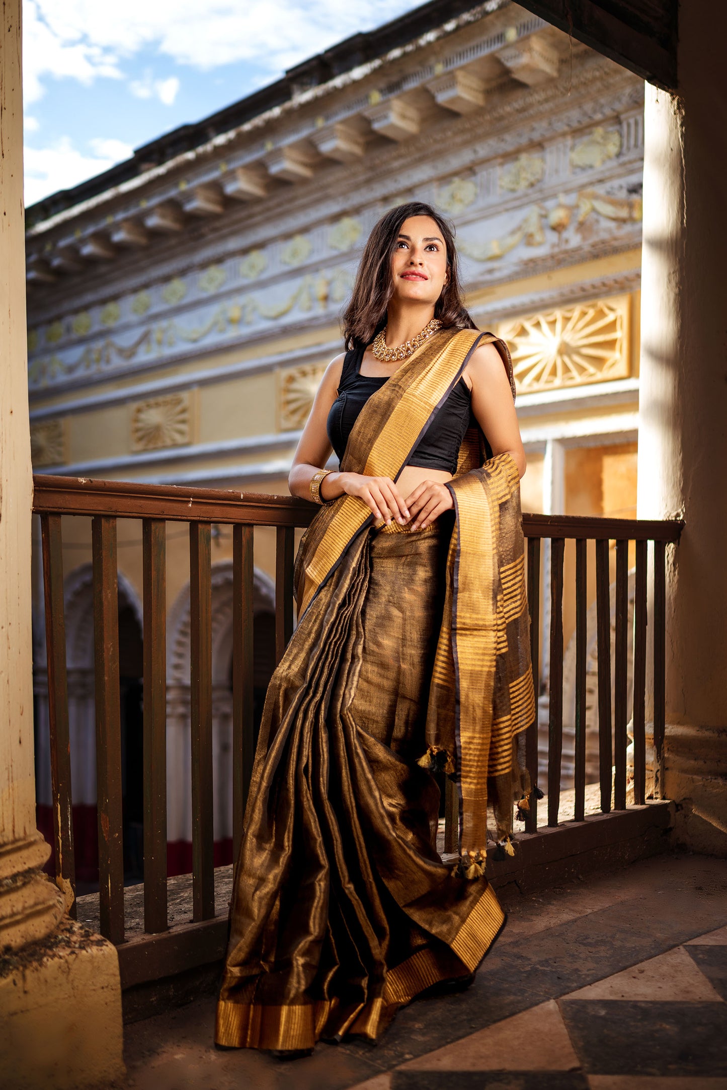 Black tissue linen saree with unstitched blouse