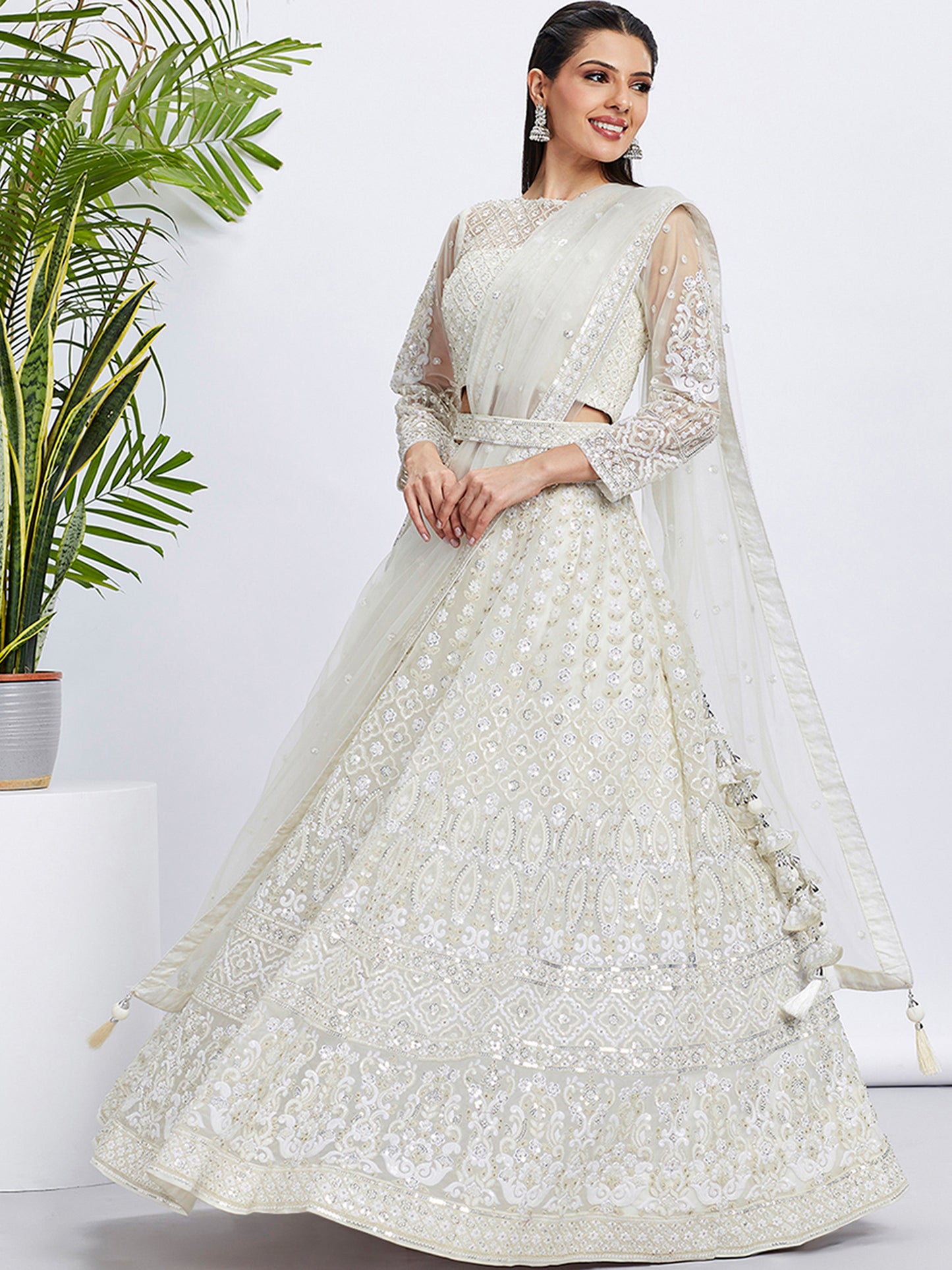 Cream Net Sequins and thread embroidery Lehenga choli