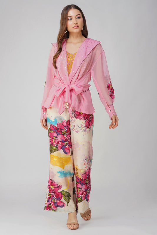 Pink Chanderi Big Flower Tie-up Top Set