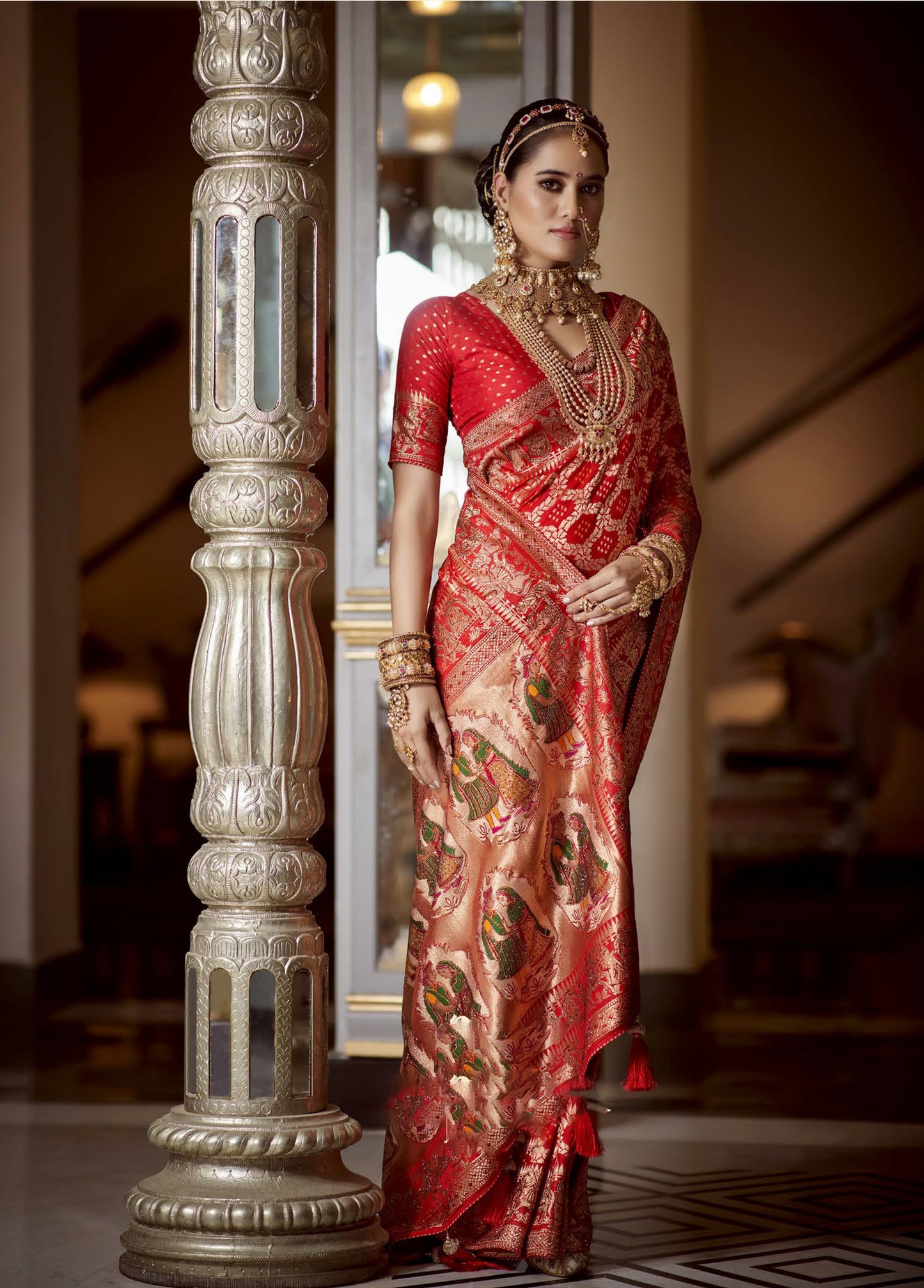 Dark Red Color Heavy Gold Weaving Silk Bridal Saree