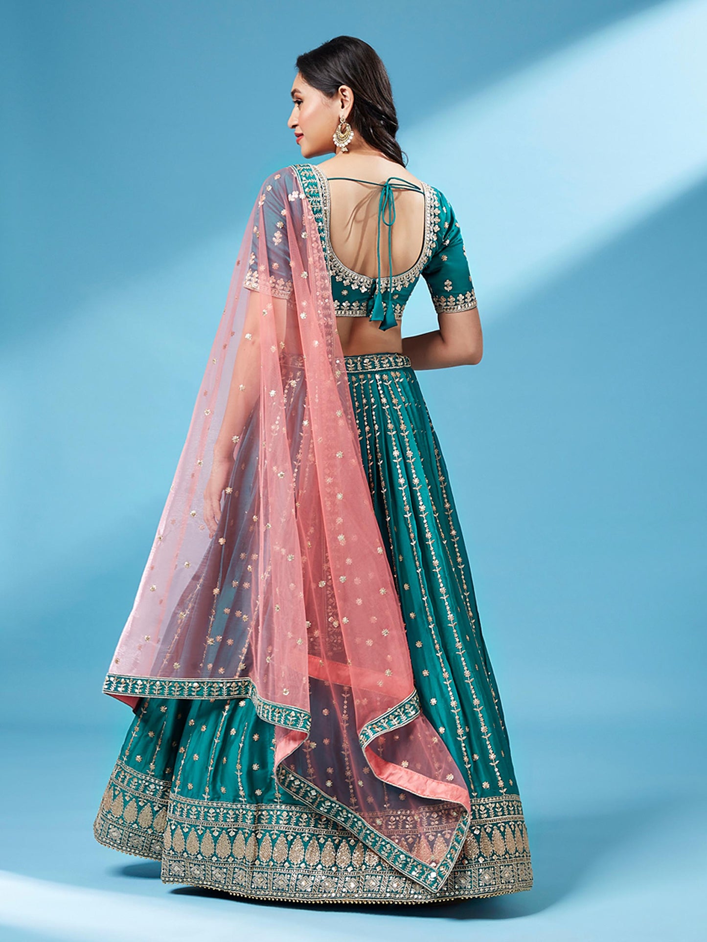 Green Pure Georgette Sequins Embroidered Semi-Stitched Lehenga