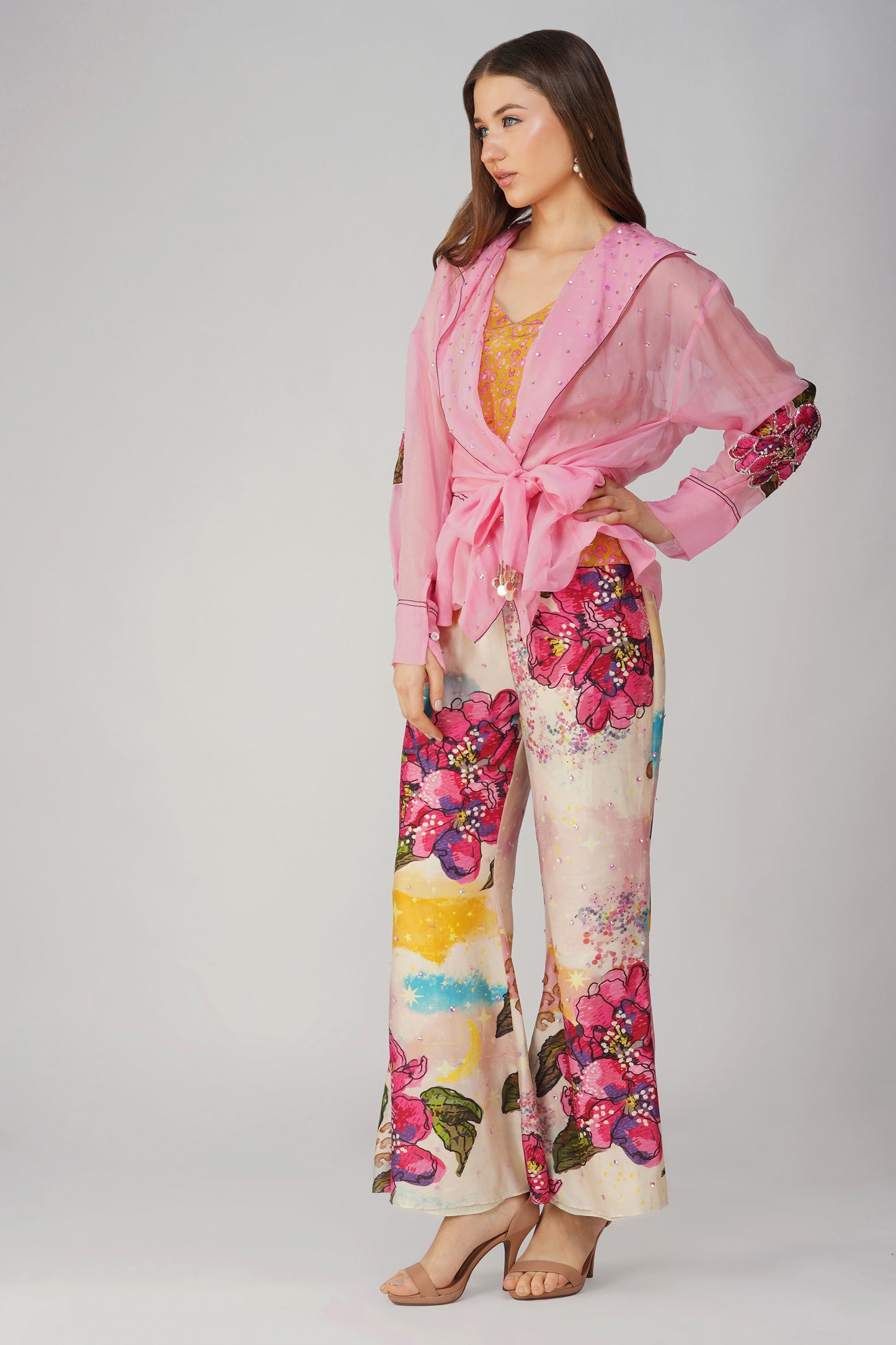 Pink Chanderi Big Flower Tie-up Top Set