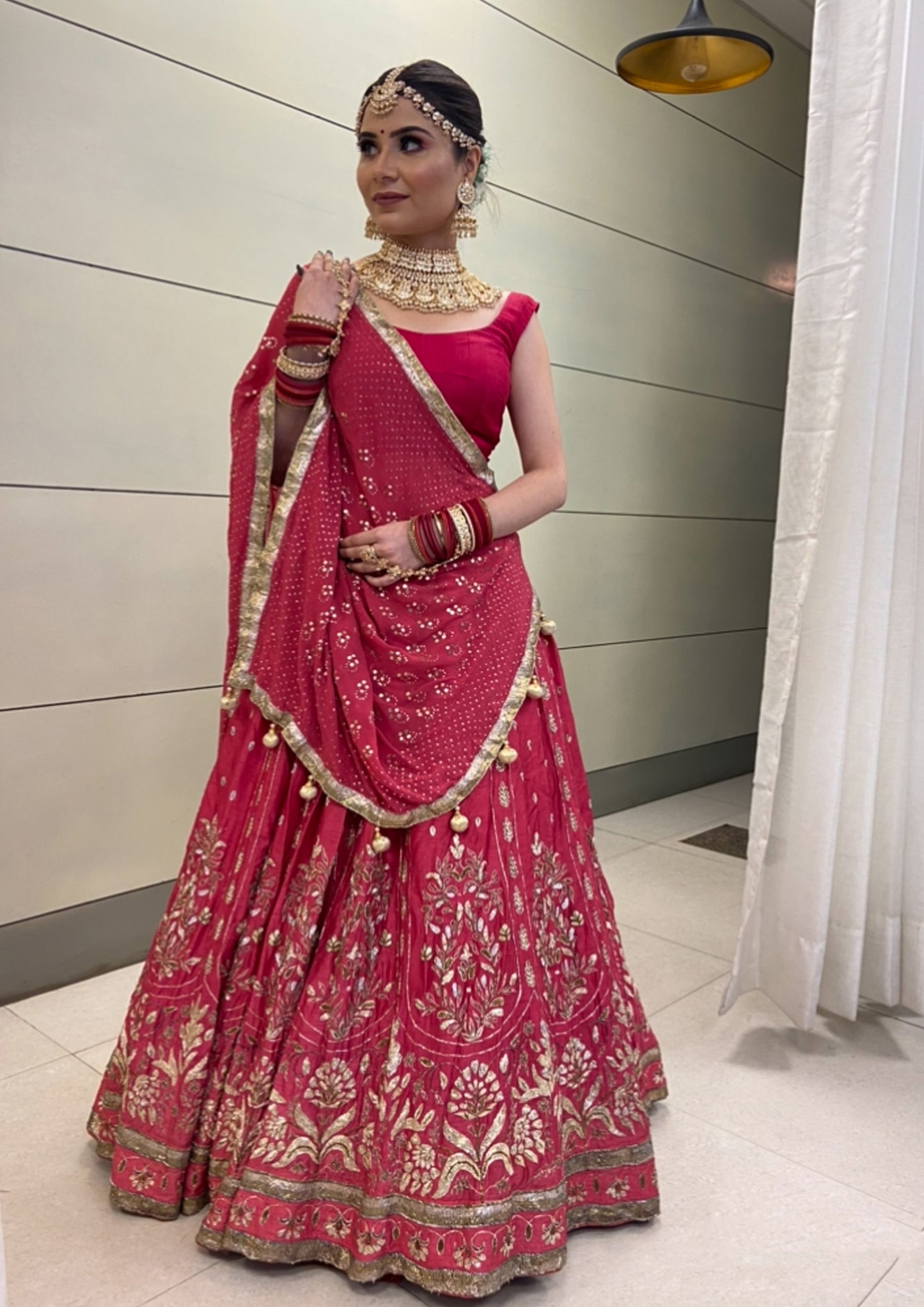 Rose Red Raw Silk Gota paaro lehenga set