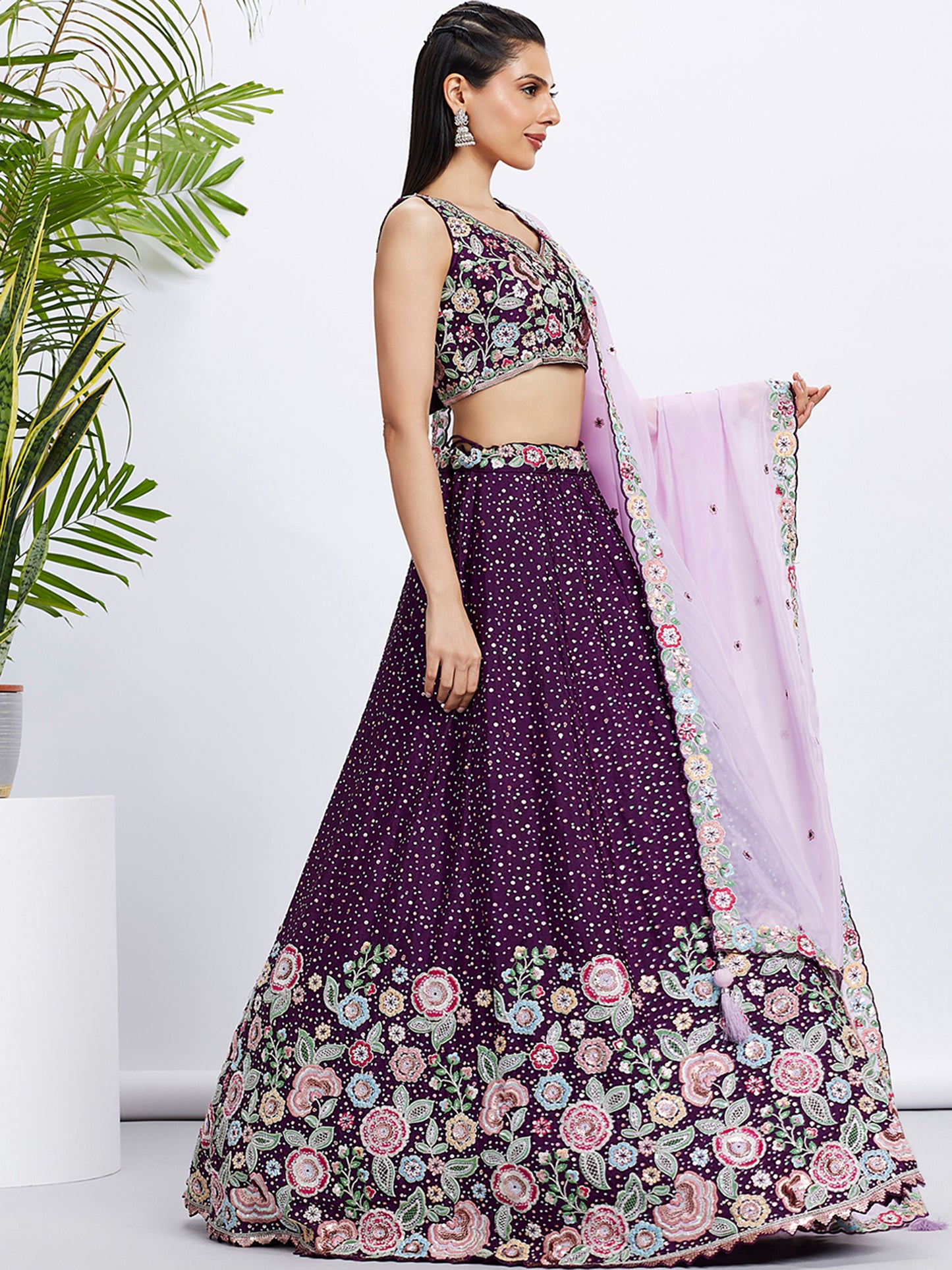 Purple Pure Chiffon Sequins and thread embroidery Lehenga choli