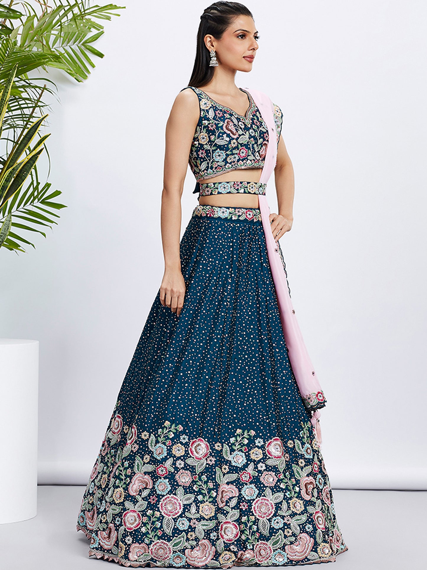 Navy blue Pure Chiffon Sequins and thread embroidery Lehenga choli