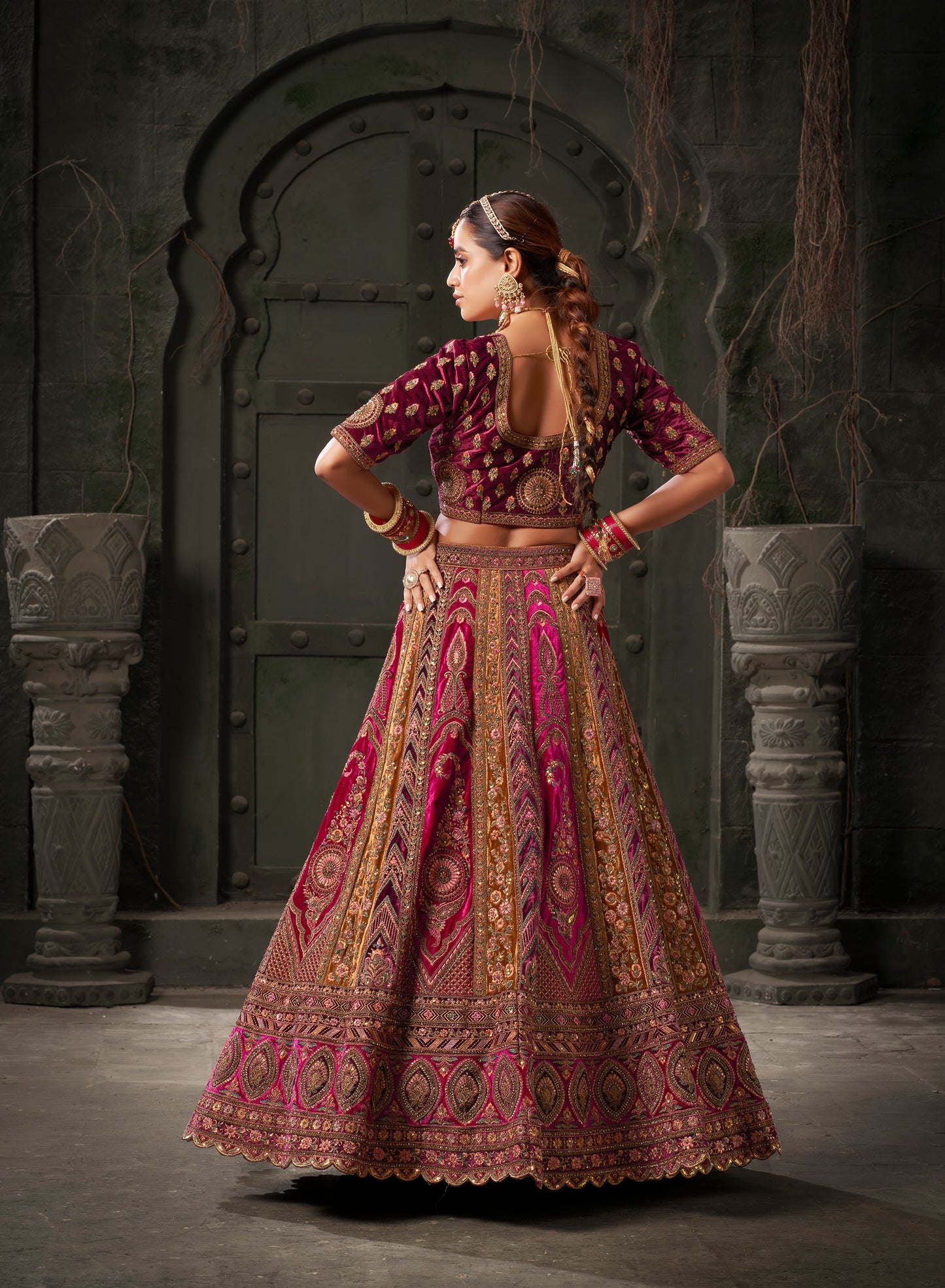 Rani and Mustard Premium Zarkan Embroidered Lycra Velvet Bridal Lehenga with Double Dupatta