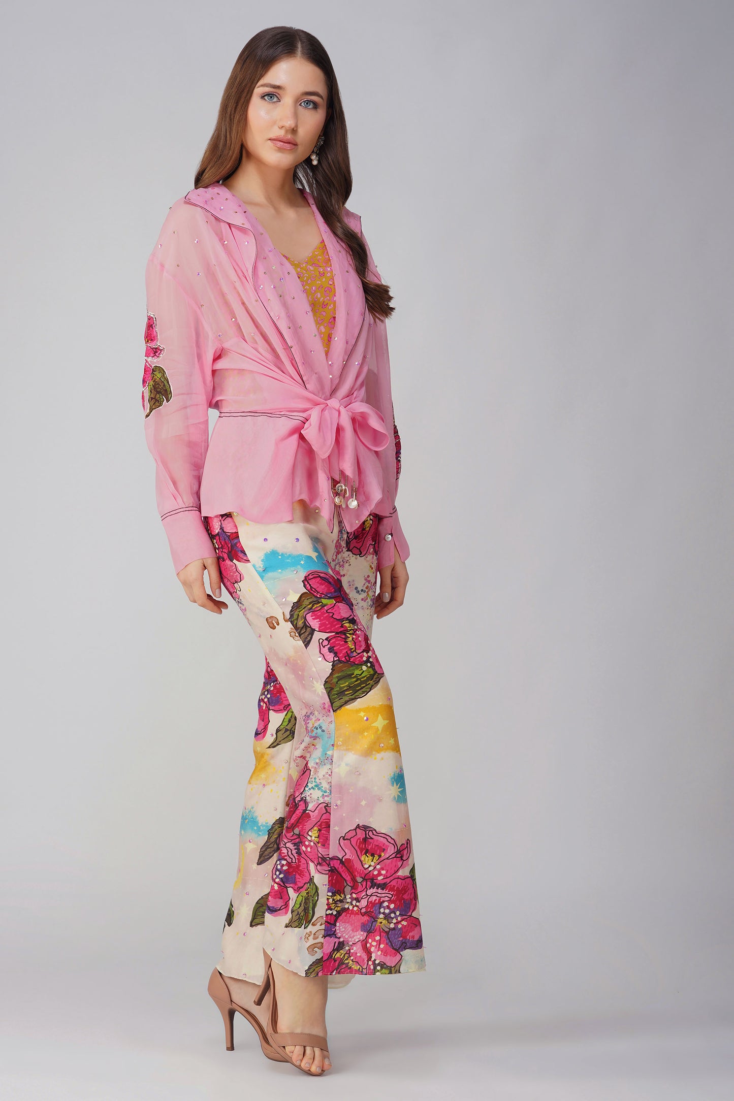 Pink Chanderi Big Flower Tie-up Top Set