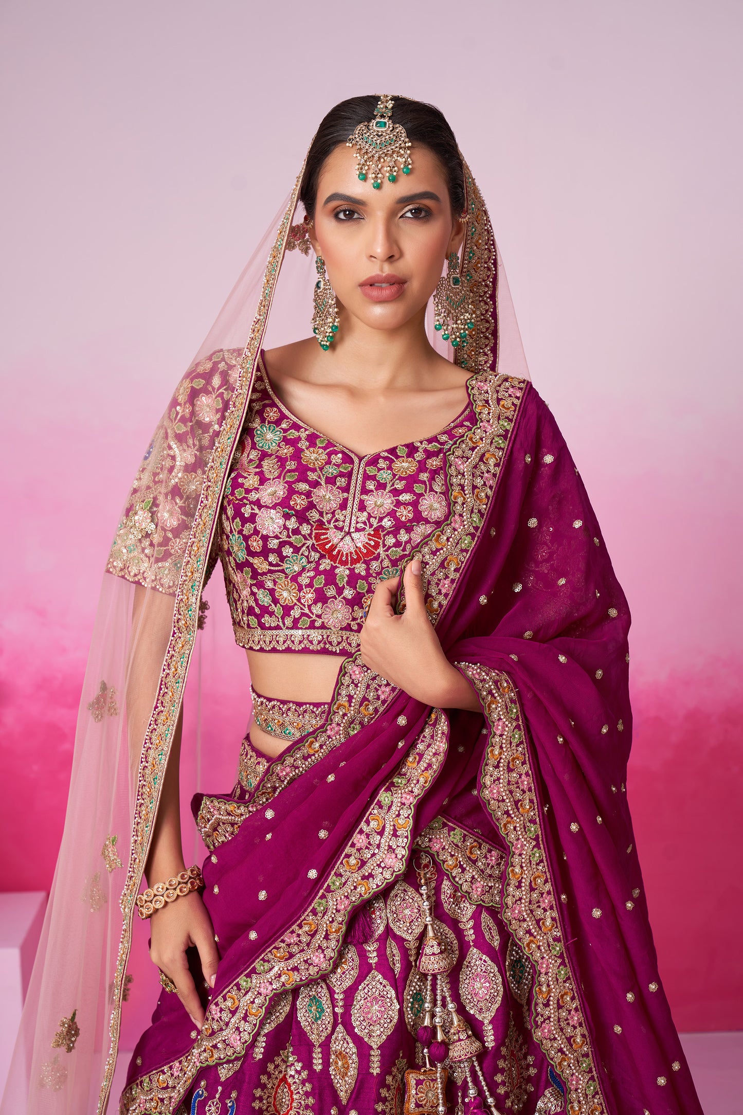 Burgundy Pure silk Moti, Sequins embroidery Bridal Lehenga choli