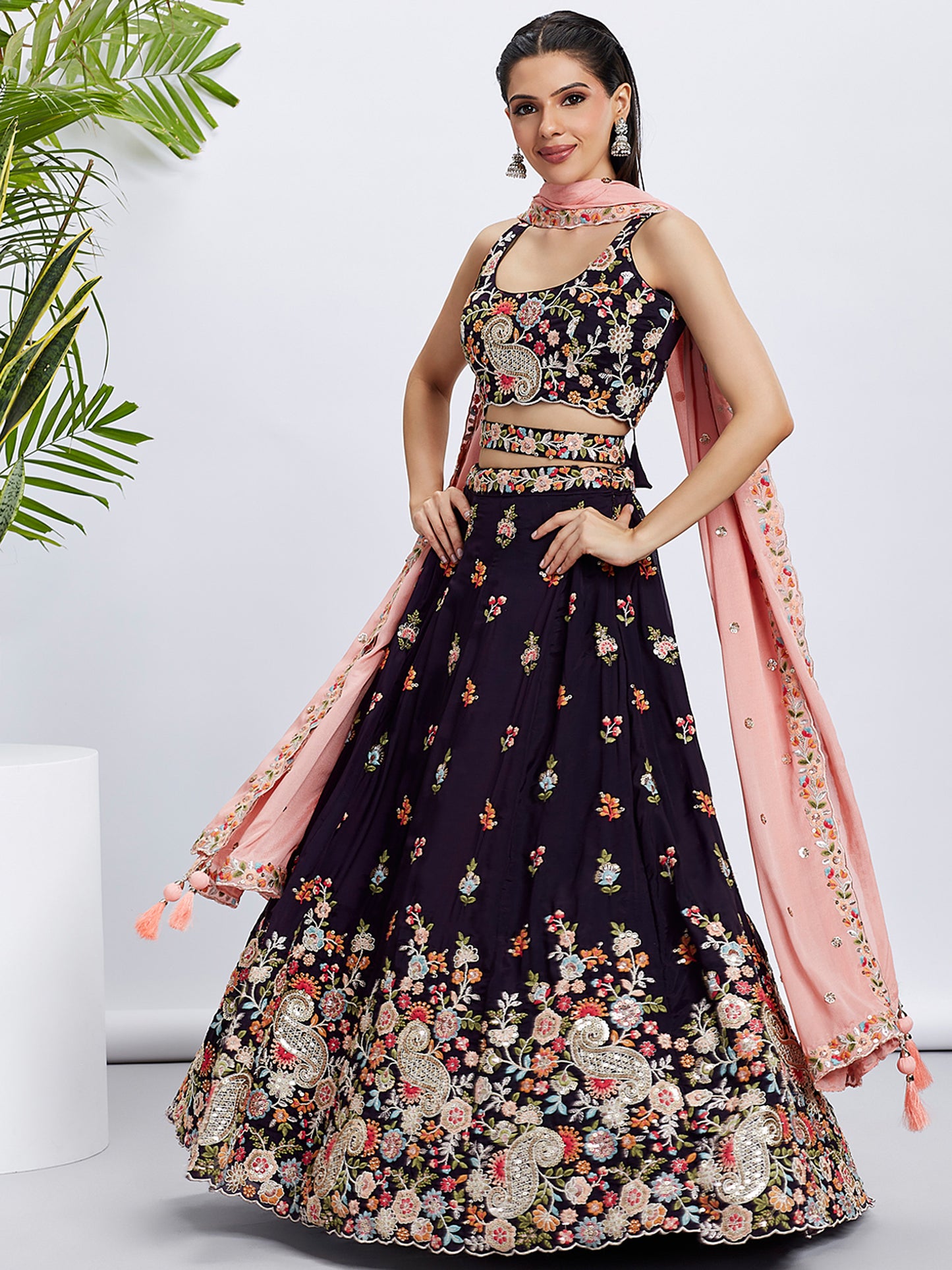 Magenta Organza Sequins and thread embroidery Lehenga choli