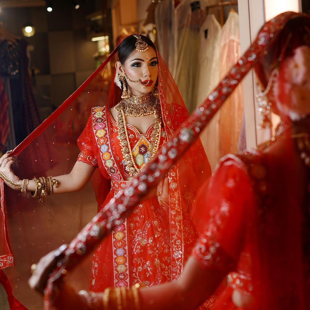 Scarlet Raw Silk Zardosi meera lehenga