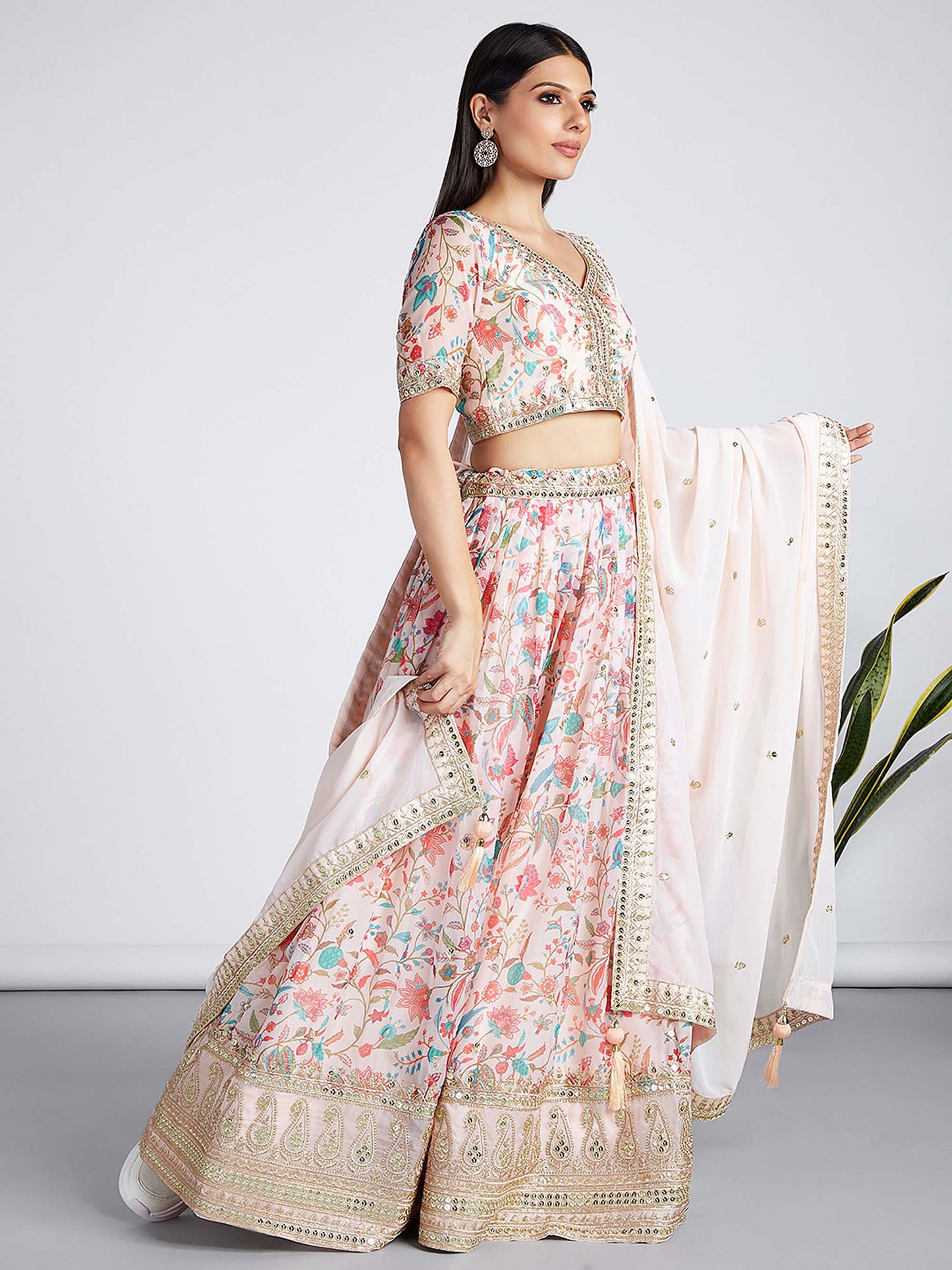 Cream Organza Floral design digital print Lehenga