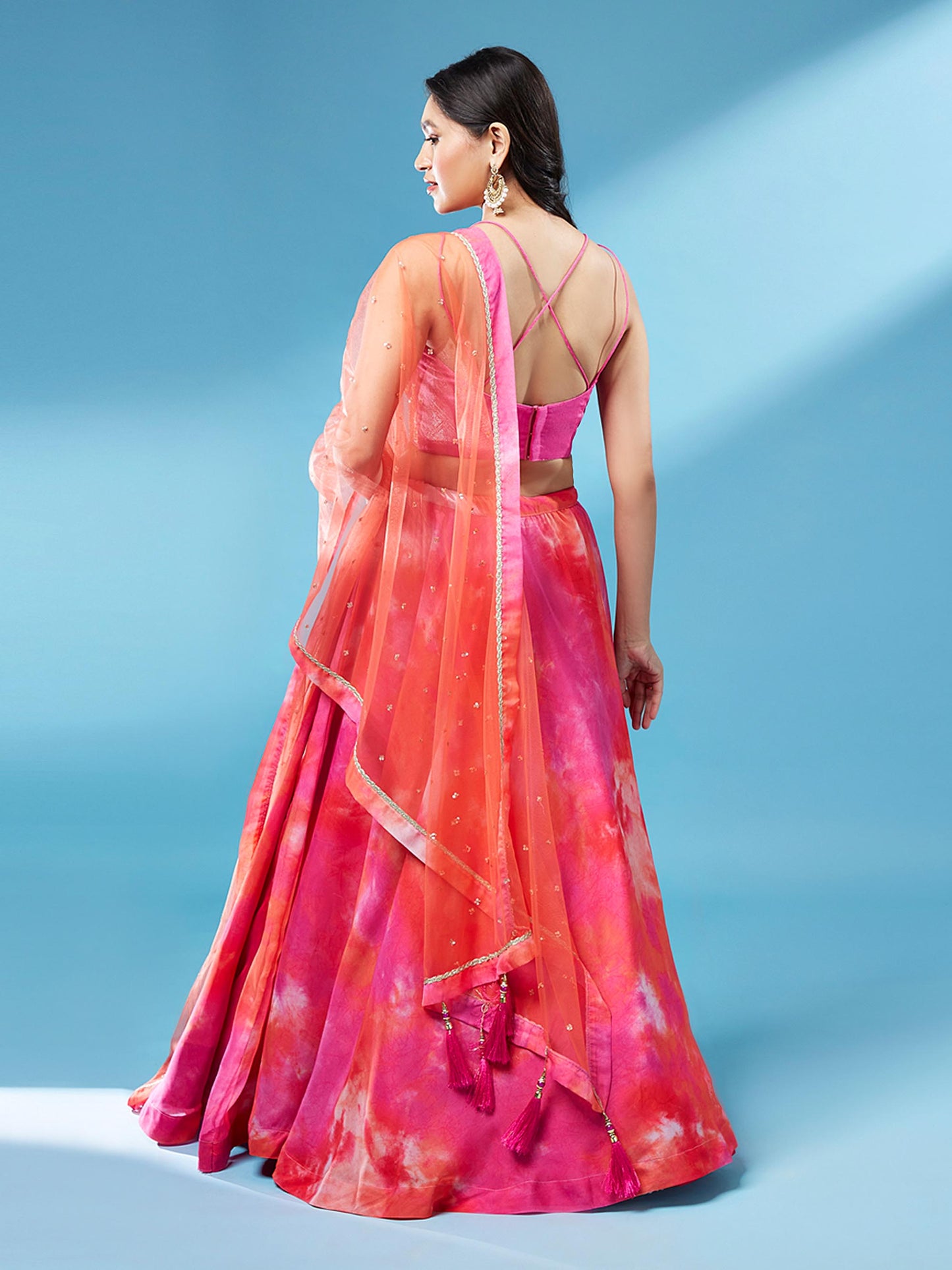 Orange Organza Shibori Printed Lehenga choli & Dupatta