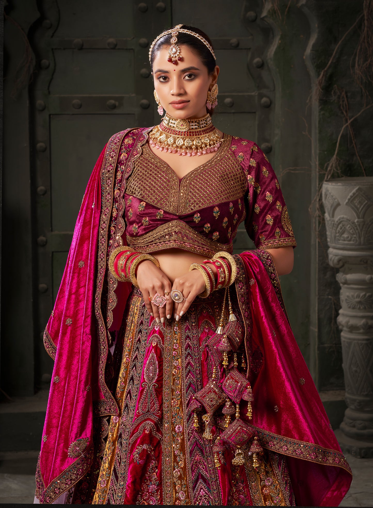 Rani and Mustard Premium Zarkan Embroidered Lycra Velvet Bridal Lehenga with Double Dupatta