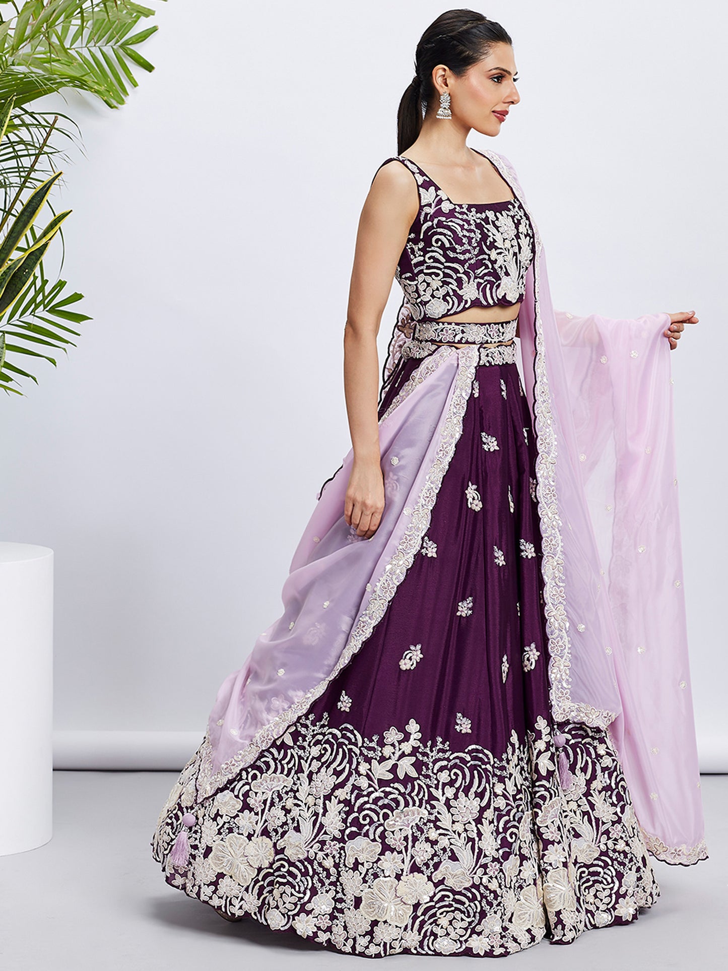 Purple Pure Georgette Sequins and thread embroidery Lehenga choli