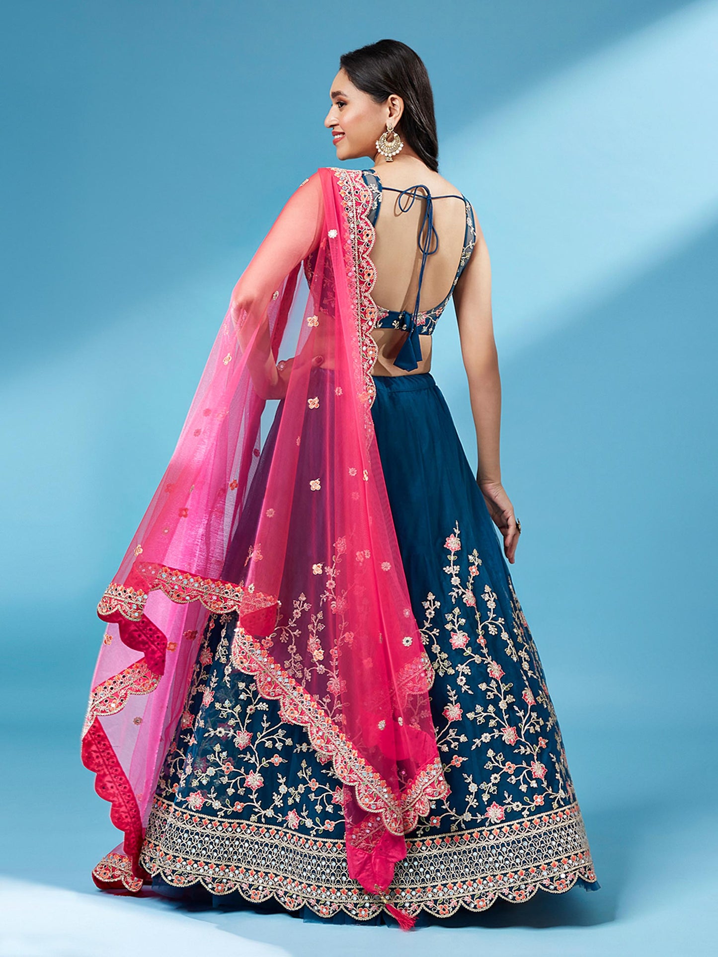 Teal Net Semi stitched Coding and Mirror Work Lehenga Choli