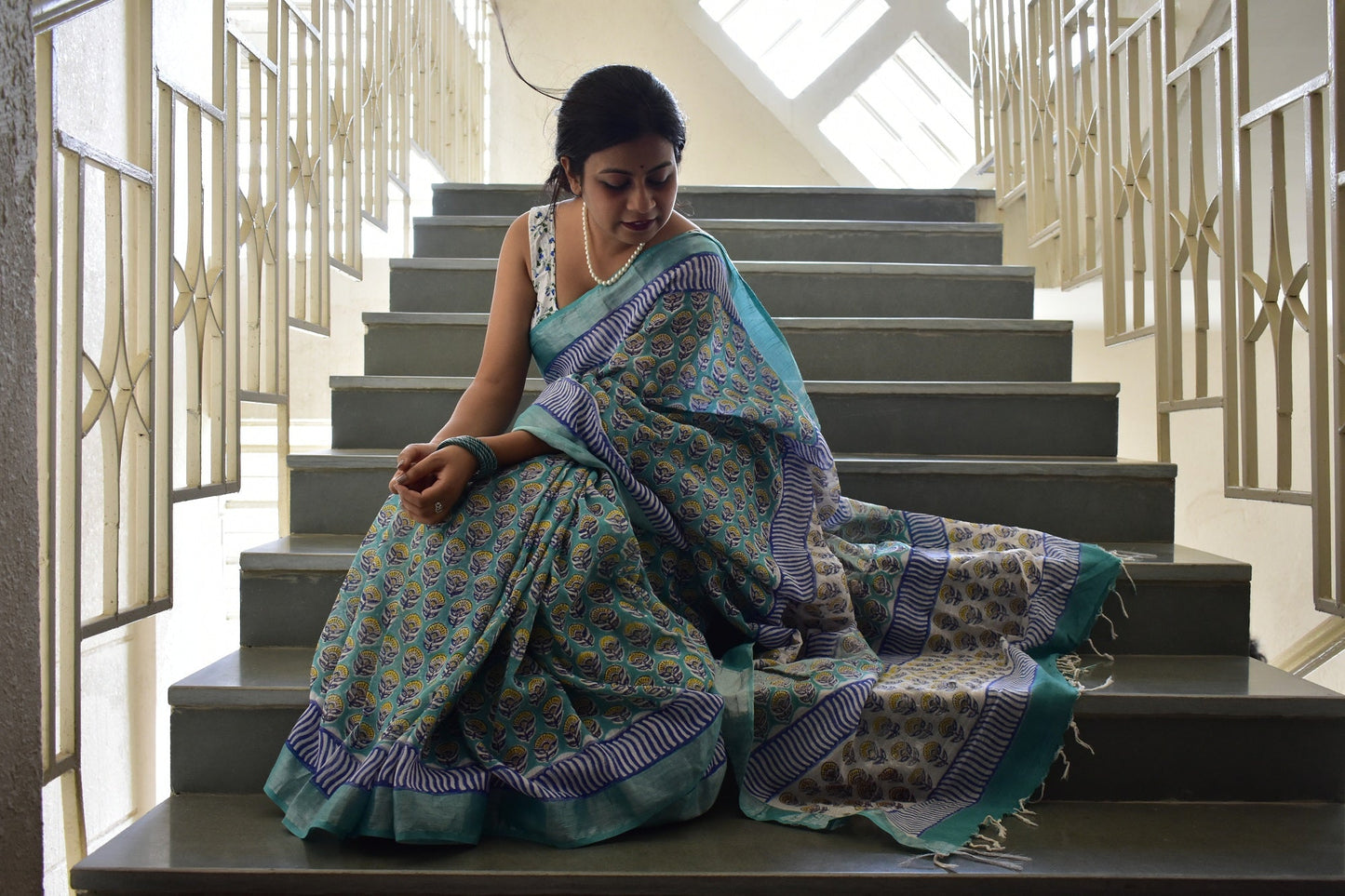 Aprajita - Blue Handblock Print Natural Dyed - Linen Cotton Saree