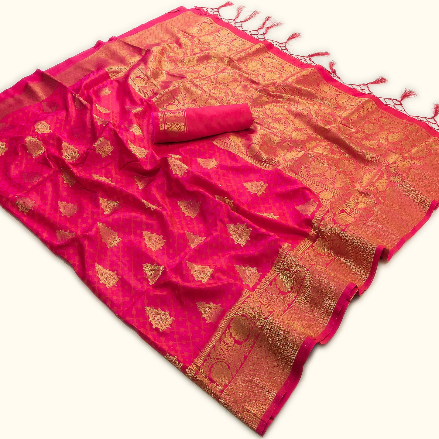 Golden Border Strawberry Pink Silk Saree