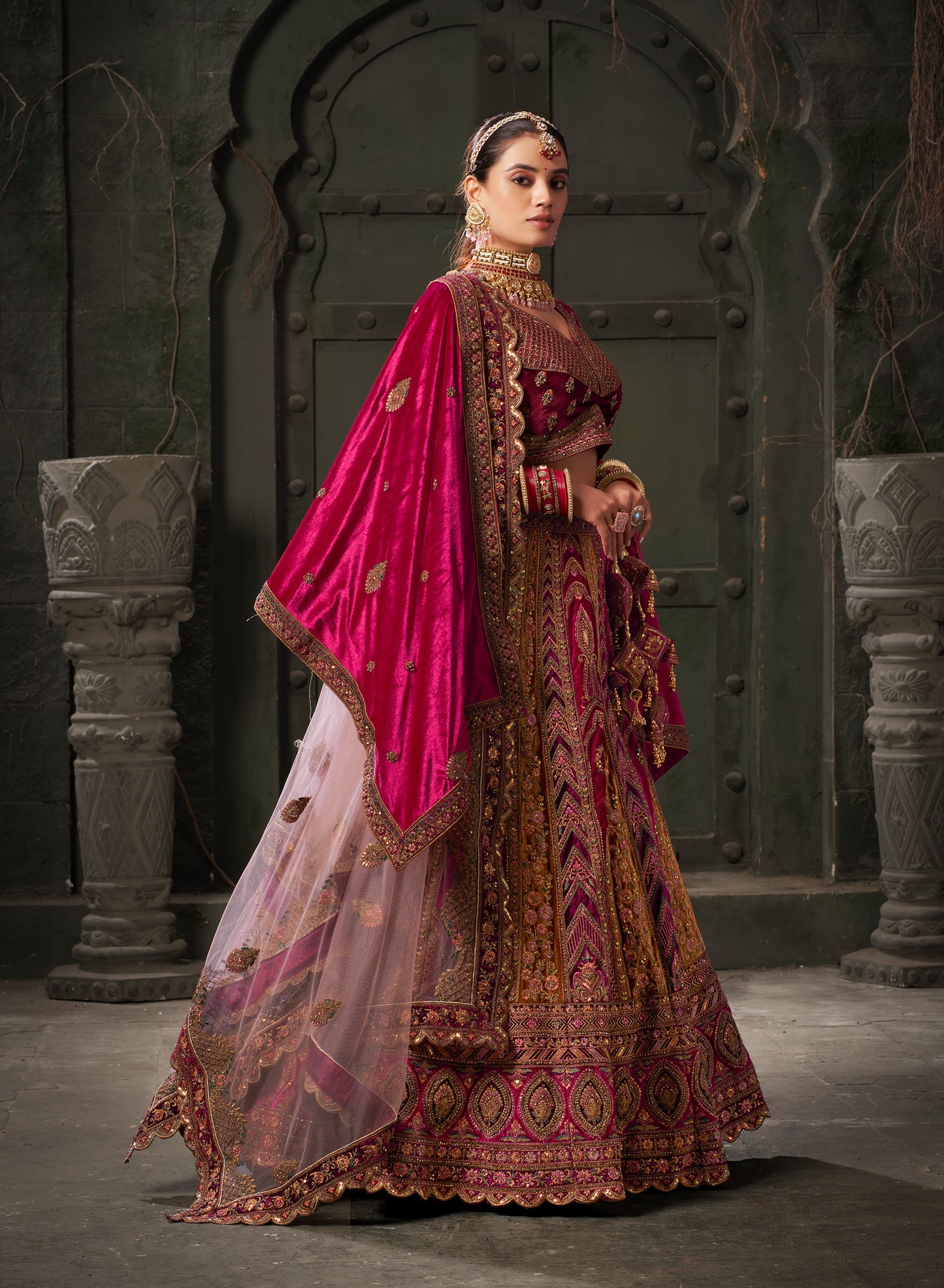 Rani and Mustard Premium Zarkan Embroidered Lycra Velvet Bridal Lehenga with Double Dupatta