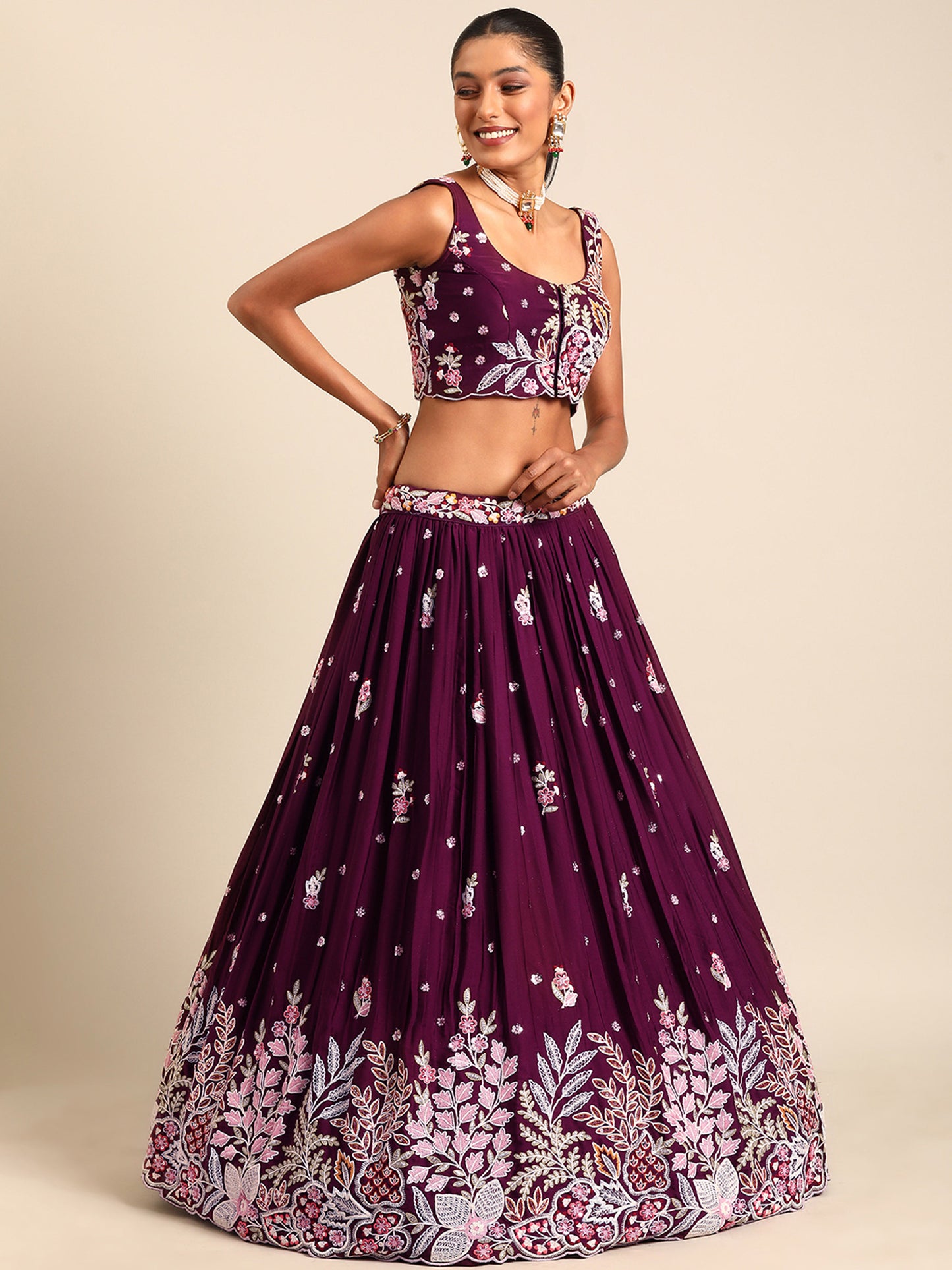 Burgundy Georgette Sequins and thread embroidery Lehenga