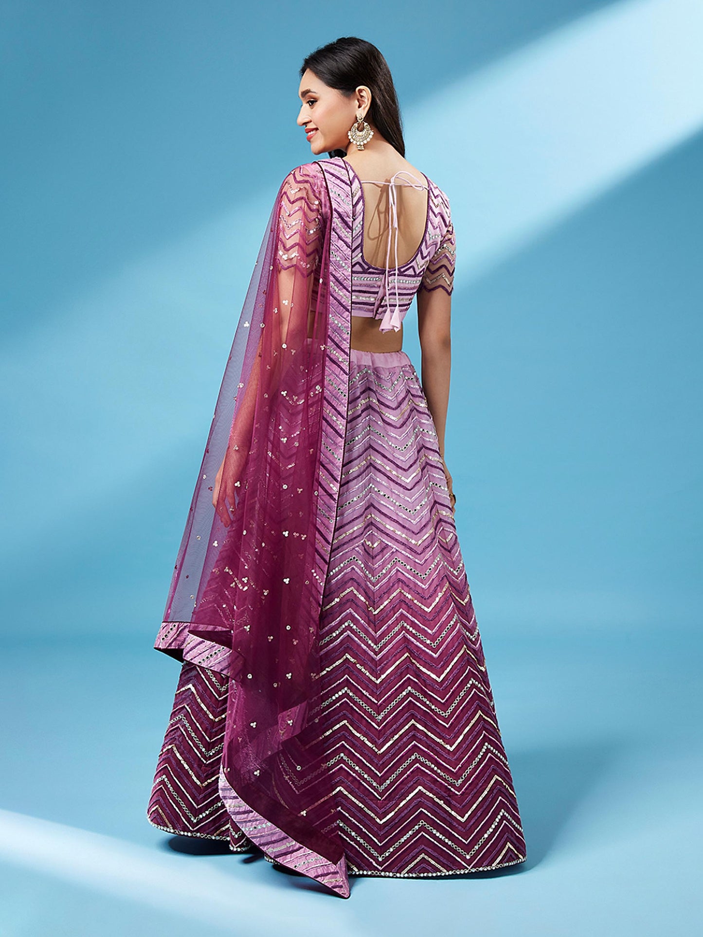 Women Lavender Net Zig-Zag Embroideried Semi-Stitched Lehenga, Unstitched Blouse & Dupatta