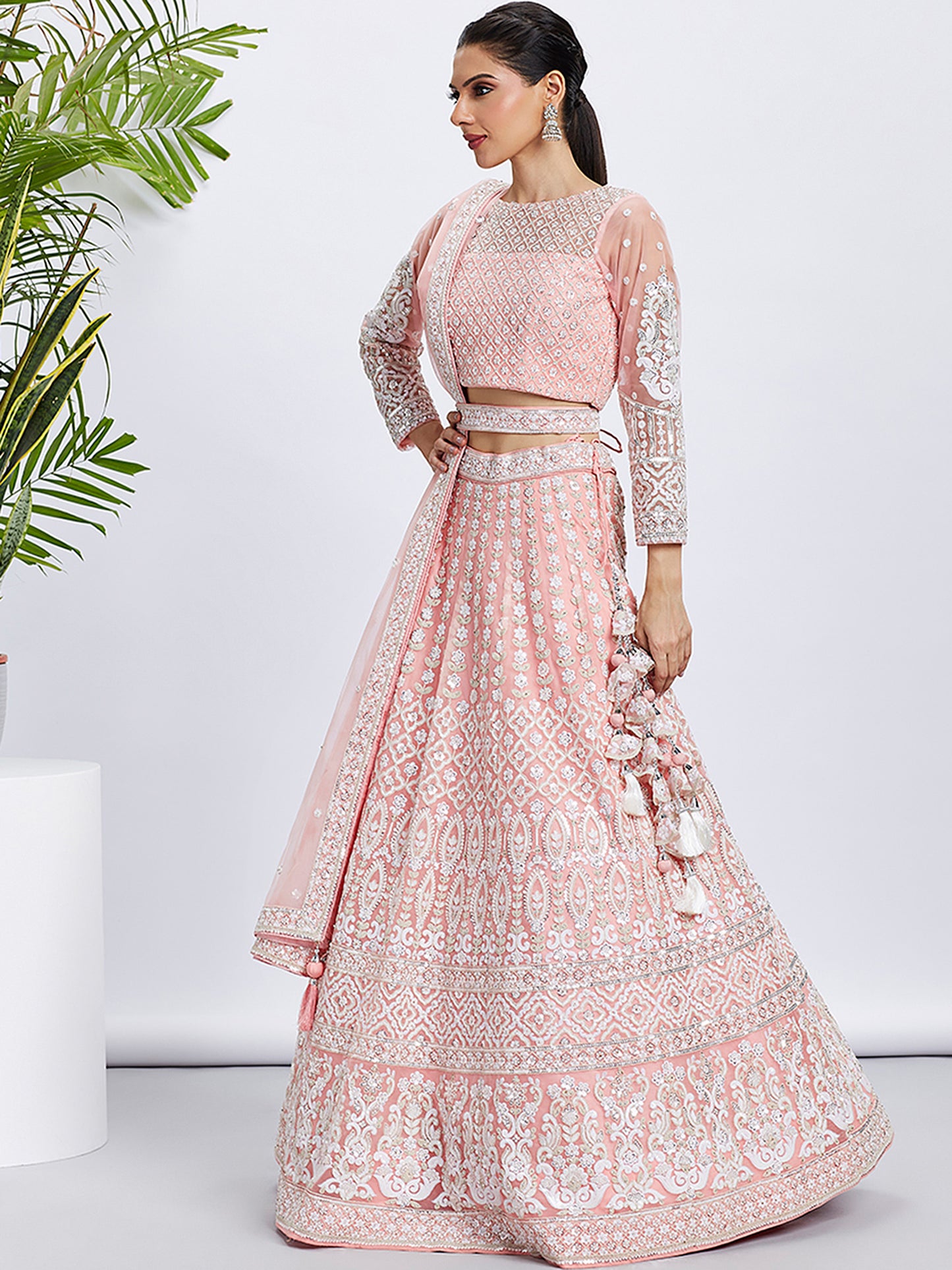 Coral Net Sequins and thread embroidery Lehenga choli