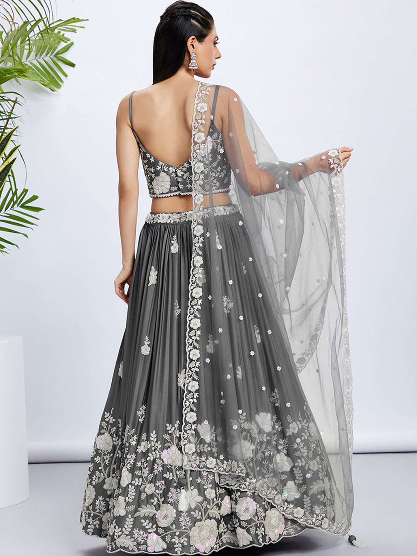 Grey Pure Georgette Sequins and thread embroidery Lehenga