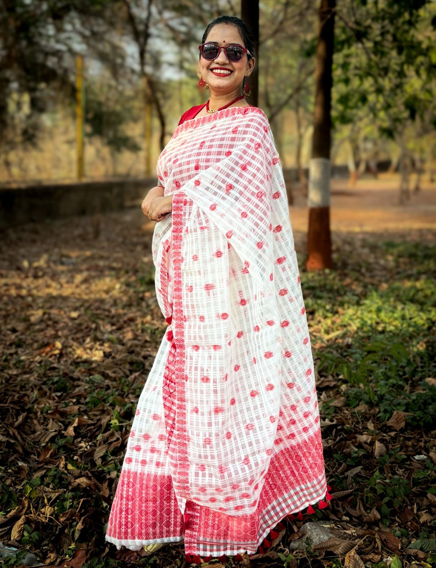 White checked cotton mekhela chador