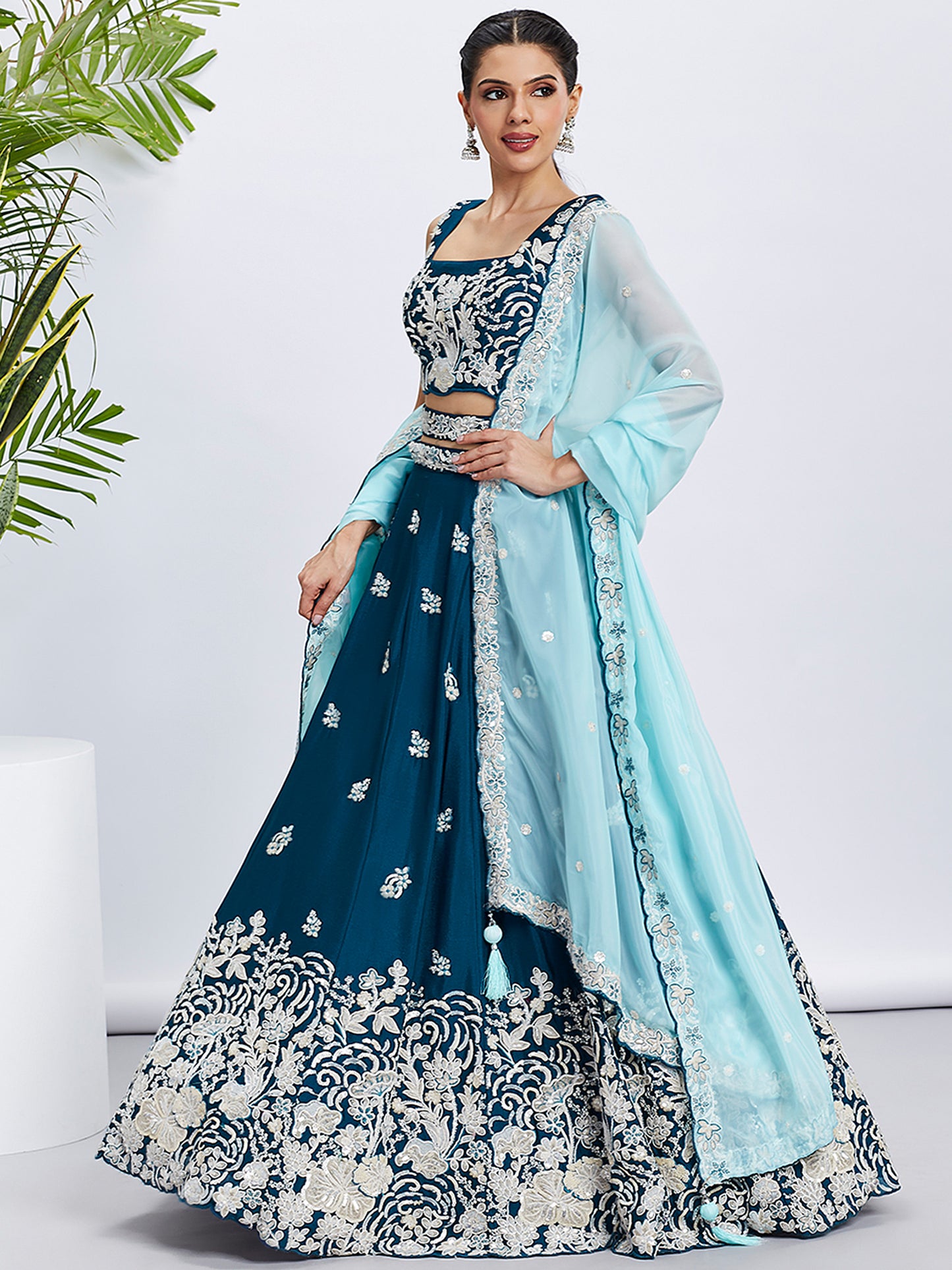 Teal Pure Georgette Sequins and thread embroidery Lehenga choli