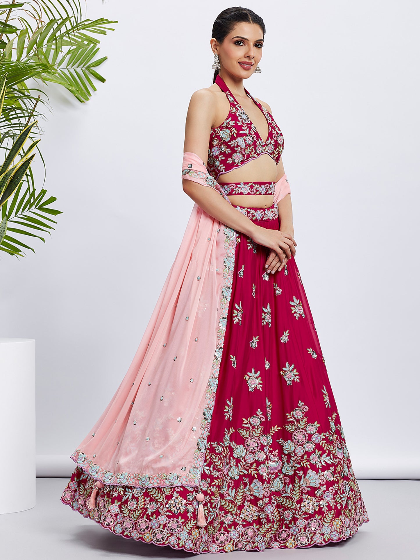 Rose Pure Georgette Sequins and thread embroidery Lehenga choli