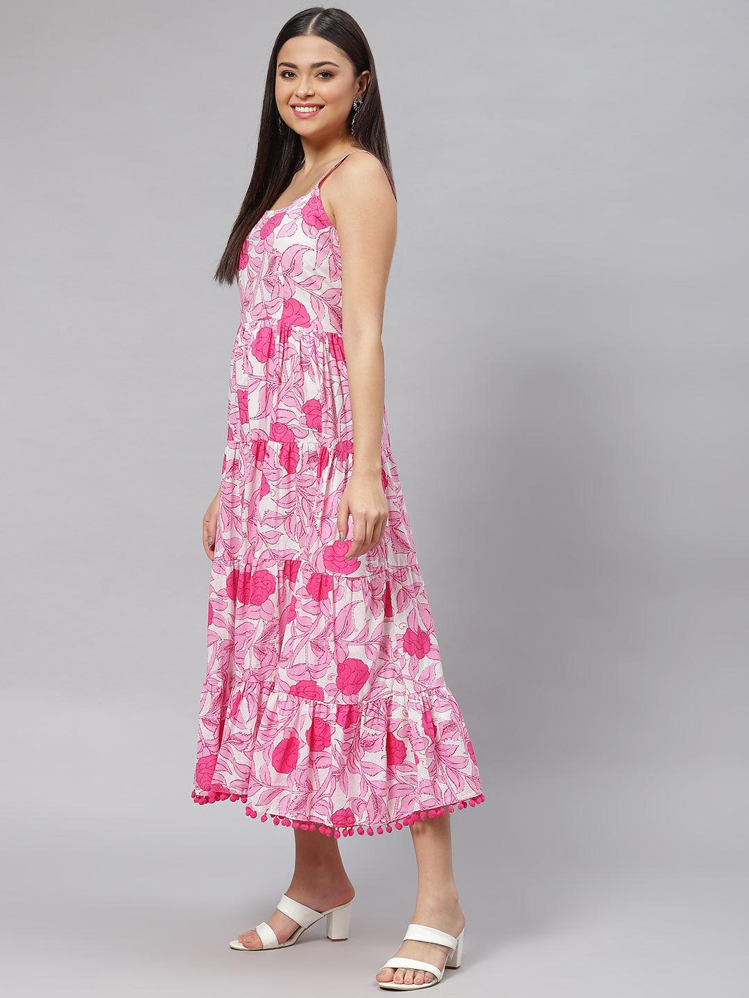 Divena white & Pink Floral Shoulder Strip Long Dress - divena world-Mohi